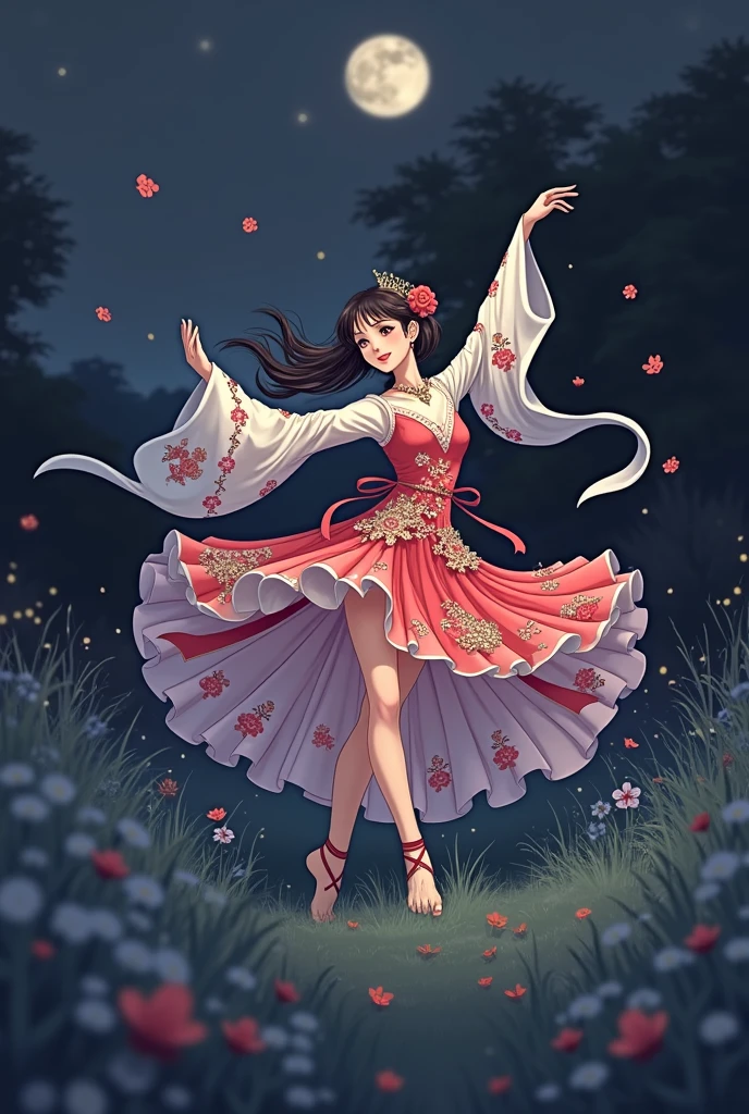   1 girl, whole body, barefoot,  Gorgeous Dance Costumes ,  elegant ,  detailed character design ,  pretty face ,  beautiful eyes, grassland,  moonlight, Manga Art , masterpiece,  high image quality, 