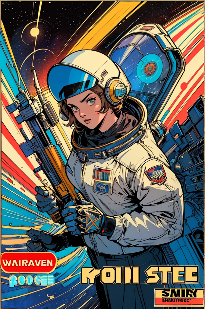 (((Top Quality Masterpiece ))),(((solo:1.2))),((( 1 woman :1.2))), 32K Highly Detailed Wallpaper , Retro Vintage Style ,(dynamic Angles),(((Overwhelming highlights))),((most complex machine)), American comics with a very flashy color scheme,80s space thriller movie poster ,70s movie poster,Detailed space station