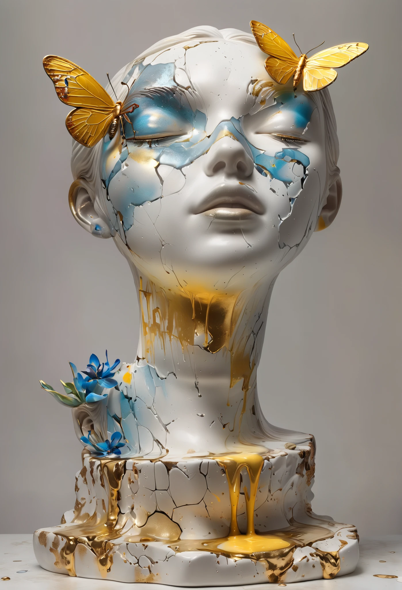 ((display， Still Life Table ， Artistic Statues，3D sculpture， ceramic ，Superficial fissures ，Cracked texture)), showing the beauty of nature.gold，colored powder，  To emphasize your artistic quality .
