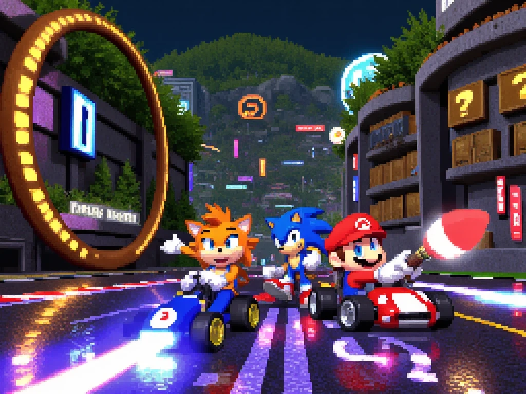 A vibrant, high-energy 2D 32-bit style illustration featuring ((Crash Bandicoot)), ((Sonic the Hedgehog)), and ((Mario)) racing in their unique karts. The racetrack is a dynamic blend of their three iconic universes: a jungle segment with crates (Crash), a loop-de-loop with golden rings (Sonic), and a section filled with pipes and question blocks (Mario). The scene is illuminated with vivid, glowing colors, with realistic reflections on their karts and the track, giving it a polished, futuristic feel. The characters are in action, showcasing their distinctive personalities: Crash with a wild grin, Sonic focused with speed trails, and Mario confidently tossing a red shell. The atmosphere is energetic and playful, capturing the essence of their legendary rivalry.