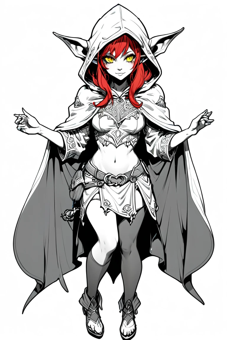 ((((sketch, line art, (extremely intricate:1.2), polichrome, lineart:1.2)))), 1girl full body. photorealistic. full body. cute, pretty goblin female, big doe eyes, hood, colored skin, midriff, flirting with viewer, braided red hair, cloak, dark goblin female, hood up, cape, hooded cloak, grey skin, glowing eyes ((masterpiece, best quality)), ((((sketch, line art, (extremely intricate:1.2), polichrome, lineart:1.2))))