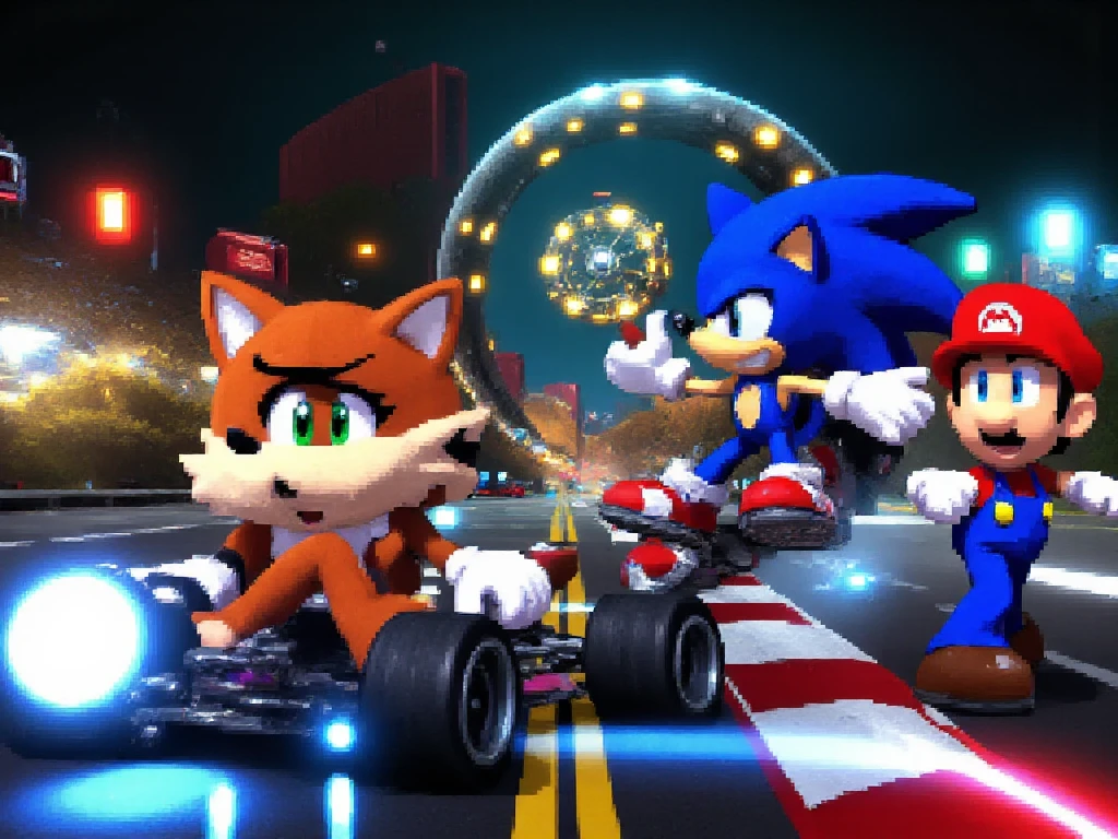 A vibrant, high-energy 2D 32-bit style illustration featuring ((Crash Bandicoot)), ((Sonic the Hedgehog)), and ((Mario)) racing in their unique karts. The racetrack is a dynamic blend of their three iconic universes: a jungle segment with crates (Crash), a loop-de-loop with golden rings (Sonic), and a section filled with pipes and question blocks (Mario). The scene is illuminated with vivid, glowing colors, with realistic reflections on their karts and the track, giving it a polished, futuristic feel. The characters are in action, showcasing their distinctive personalities: Crash with a wild grin, Sonic focused with speed trails, and Mario confidently tossing a red shell. The atmosphere is energetic and playful, capturing the essence of their legendary rivalry.