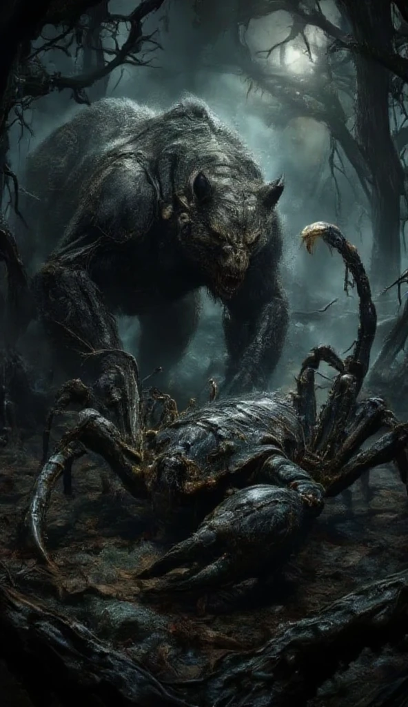 Here’s the prompt in English:  

> "A giant bear is battling a massive scorpion in the middle of a dark and eerie forest. The bear stands in a threatening posture, slashing the air with its sharp claws, while the giant scorpion fights back with its large pincers and venomous tail, glinting in the moonlight. The surrounding forest is dark, shrouded in thick fog, with twisted trees and haunting shadows. The dim light of the moon pierces through the gaps between the tree branches, creating an intense horror atmosphere, with dry leaves scattered on the ground and a sense of tension filling the air."  

Let me know if you’d like to tweak it further! 😊