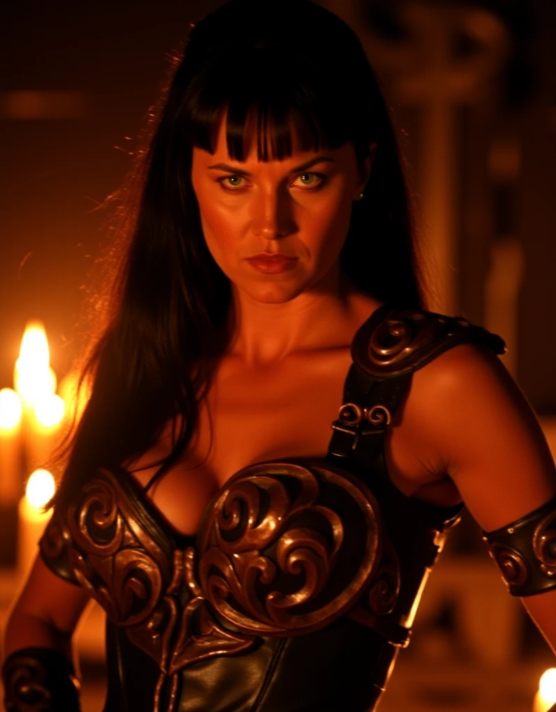 1girl, Xena, the Warrior Princess, at night, candle lights, looking for the viewer, HDR, highest quality, 1girl, below view, upskirt, young Xena, cleavage, angry