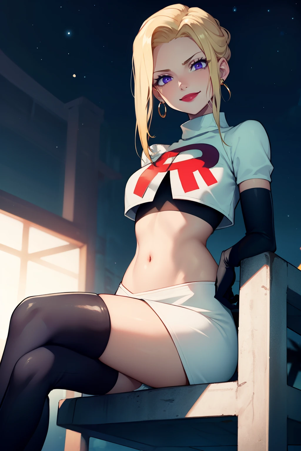  ffscarlet, blonde hair,purple eyes,lipstick, earrings ,team rocket, team rocket uniform, red letter R, white skirt, white crop top, black thigh-high boots, black elbow gloves, evil smile, looking down on viewer, sitting down ,legs crossed, night sky background