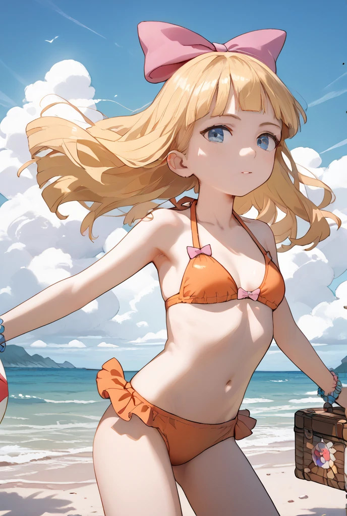 masterpiece, Best Quality, 1 girl, young girl,standing, looking up at the viewer, smile, long hair, blonde hair, blue eyes,, bare feet, slim body,(flat chest)), cute, tilt of head, simple background, (micro bikini:1.4)