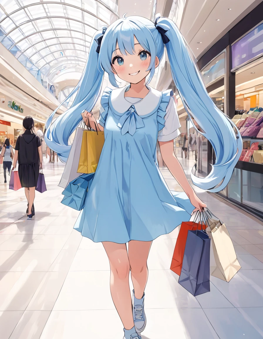 long light blue hair walking around the city with shopping bags Beautiful Girl with Twin Tails smile Walking in a shopping mall