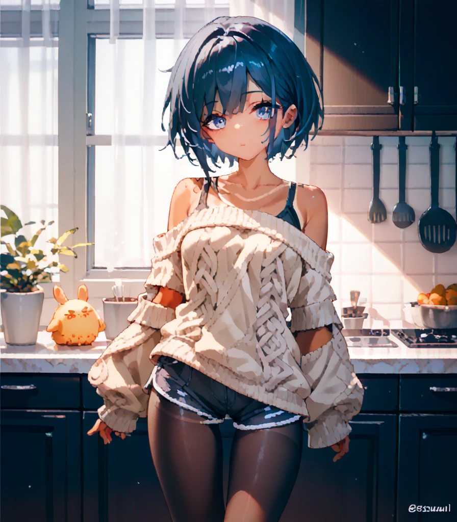  tights,     tan line    , One,   masterpiece fails ,     high quality  ,   Duration ,  ,  thin sweater ,   short shorts  ,   short hair ,  Long hair on the sides,   dark blue hair ,  thin sweater , in the kitchen,   bare shoulders are visible , chuzenji   (Arknights