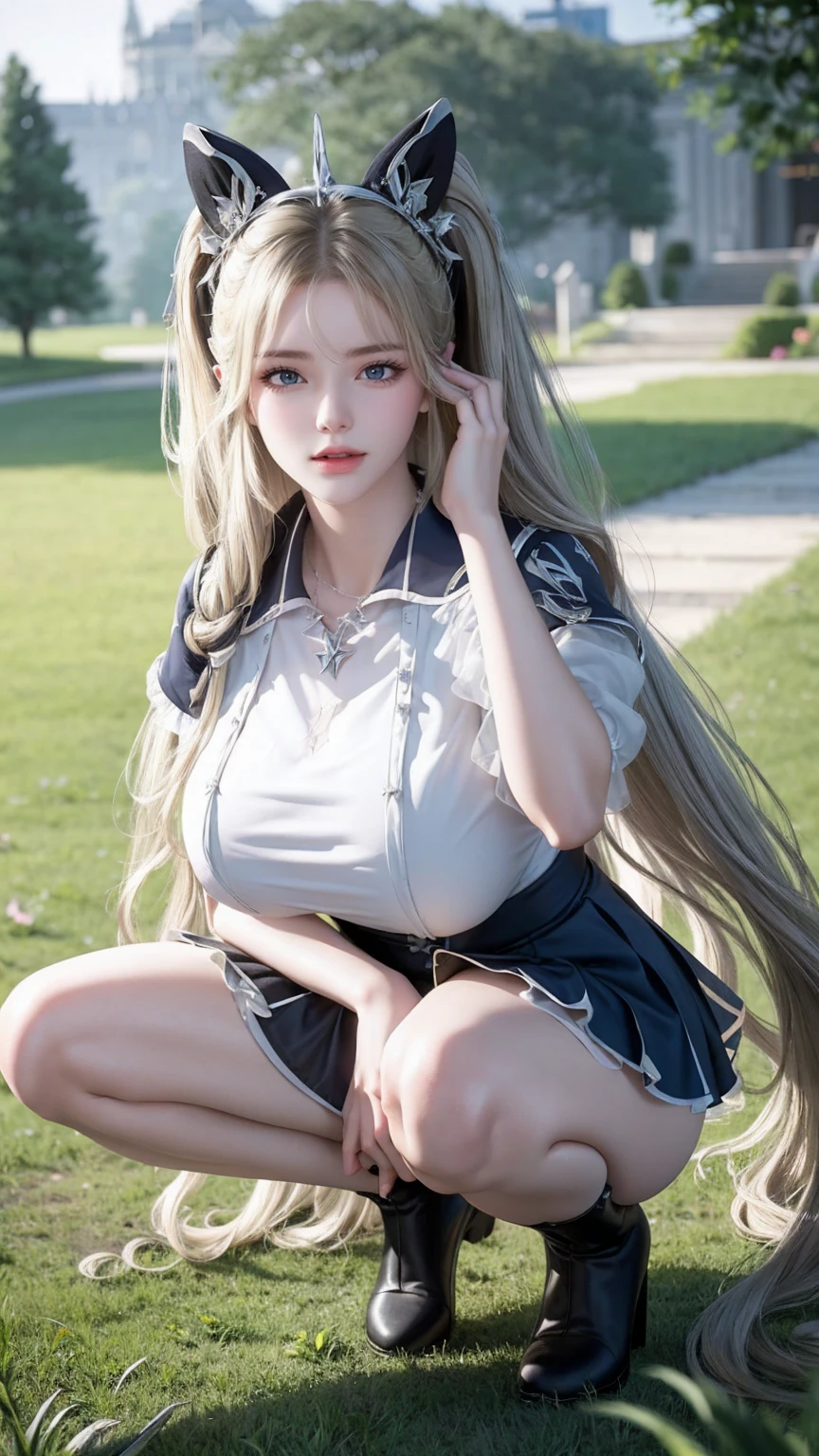 Reality, high resolution, Soft Light,1 Woman, Solitary, Hips up, View Viewer, (Delicate face), big long hair,Bun hairstyle,braid, lying on the grass, Looking from the bottom up, I found panties, See panties, secretary_white summer shirt, Black skirt, Pantyhose, Point on chest、Penetrating breasts、Showing nipples