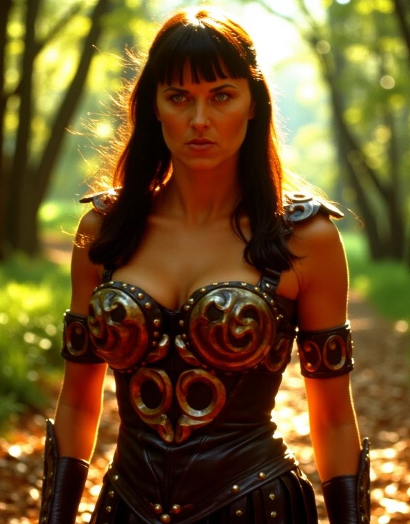 1girl, Xena, the Warrior Princess, sunny day, sun light, looking for the viewer, HDR, highest quality, 1girl, below view, upskirt, young Xena, cleavage, angry, in forest, 