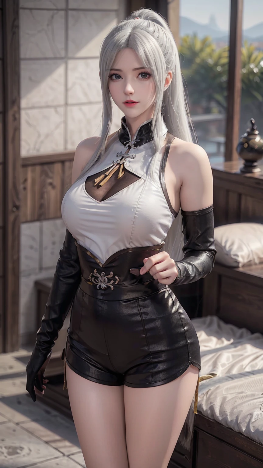 ，Close-up of miss wearing white mask, Beautiful character painting, Gu Weiss,   Gurwitz Style Artwork  , White-haired god, author：Yang Jie,  epically beautiful character art ,   Extremely fine CG8K wallpaper  , author：Fan Qi, by Wuzhun Shifan,   It has a unique texture  , Single ponytail, insult, High Ponytail,  tall and big, Long Legs, (Sleeveless lace shirt), ( shorts), (stripe )), ((stripe )), Walk, Elegant, dignified, miss, Beautiful curves,  sweet smile , 细节感和层次感很强, color丰富绚丽,  has a unique texture , rich and colorful, color, vivid, Design Art, 16K,   super detailed , {{illustration}}, { Extremely refined}, {Exquisite surface treatment},   super detailed , Delicate and shining eyes, {{Light}}, 极致Light效果, Model:  realism , CFG size: 12, Laura: Bright texture (1.35),  high quality , masterpiece,   exquisite facial features,  delicate hairstyle depicting , 眼睛的详细描写, masterpiece,  Best Quality , Light线追踪,  extremely detailed unified CG 8K wallpaper, masterpiece,  Best Quality , ( 1 girl), 完美miss身材, (((Tight white T-shirt))),  ( delicate face),  short black hair,  tie up your hair , Light blue hairpin,  ( White Skin), (Optimal Lighting), (  super intricate details  ), 4K Unified, (  super detailed  CG),  showing off her white legs , , Hot Pants,  shorts,