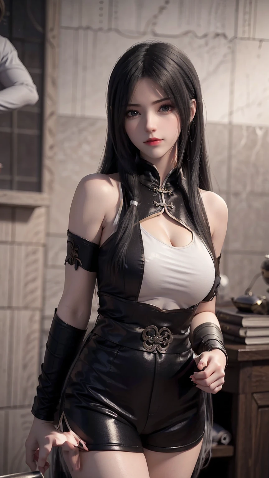 ，Close-up of miss wearing white mask, Beautiful character painting, Gu Weiss,   Gurwitz Style Artwork  , White-haired god, author：Yang Jie,  epically beautiful character art ,   Extremely fine CG8K wallpaper  , author：Fan Qi, by Wuzhun Shifan,   It has a unique texture  , Single ponytail, insult, High Ponytail,  tall and big, Long Legs, (Sleeveless lace shirt), ( shorts), (stripe )), ((stripe )), Walk, Elegant, dignified, miss, Beautiful curves,  sweet smile , 细节感和层次感很强, color丰富绚丽,  has a unique texture , rich and colorful, color, vivid, Design Art, 16K,   super detailed , {{illustration}}, { Extremely refined}, {Exquisite surface treatment},   super detailed , Delicate and shining eyes, {{Light}}, 极致Light效果, Model:  realism , CFG size: 12, Laura: Bright texture (1.35),  high quality , masterpiece,   exquisite facial features,  delicate hairstyle depicting , 眼睛的详细描写, masterpiece,  Best Quality , Light线追踪,  extremely detailed unified CG 8K wallpaper, masterpiece,  Best Quality , ( 1 girl), 完美miss身材, (((Tight white T-shirt))),  ( delicate face),  short black hair,  tie up your hair , Light blue hairpin,  ( White Skin), (Optimal Lighting), (  super intricate details  ), 4K Unified, (  super detailed  CG),  showing off her white legs , , Hot Pants,  shorts,