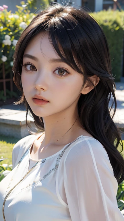 ( ultra detail,  high res, 超 high res, 3d:1.2), The most beautiful girl,   DETAILS EYES ,  detailed lips ,  extremely elaborate face ,  has long eyelashes,  brightly colored ,  Glowing Skin ,   flowing hair,  gentle face ,  Graceful Posture, Blooming flowers in the background, Gentle sunlight,  dreamy atmosphere ,  seductive gaze , head to waist ,