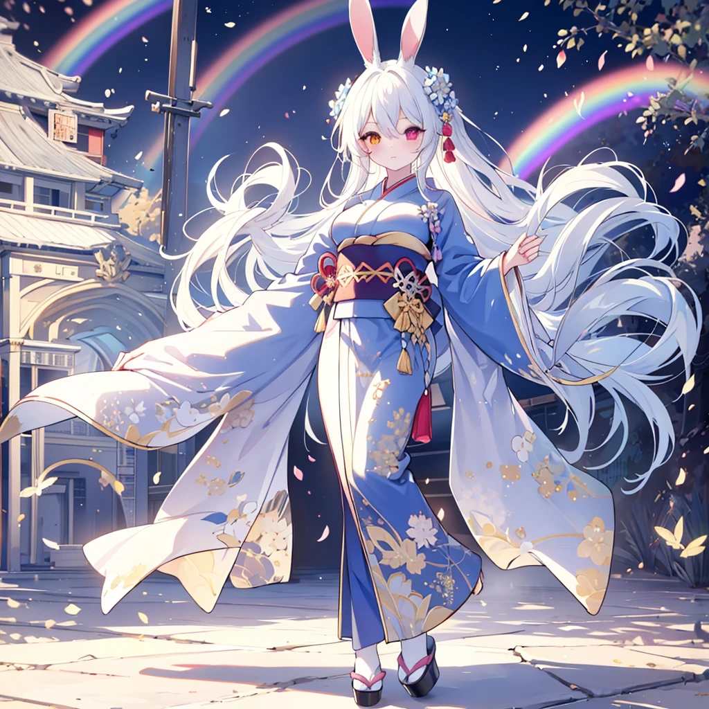 Hand Repair,Foot repair,masterpiece,8k,(((( 1 girl)))), beautiful girl,City Background,((((full body shot,very wide shot,Rabbit Ears,I'm hiding my ears with my hair)))),(((Perfect white hair, long hair))), ((((( rainbow heterochromia, Golden Eye Right Eye,Red Eye Left Eye , kimono,she wearing a blue color furisode,Big Breasts))))), facing forward 