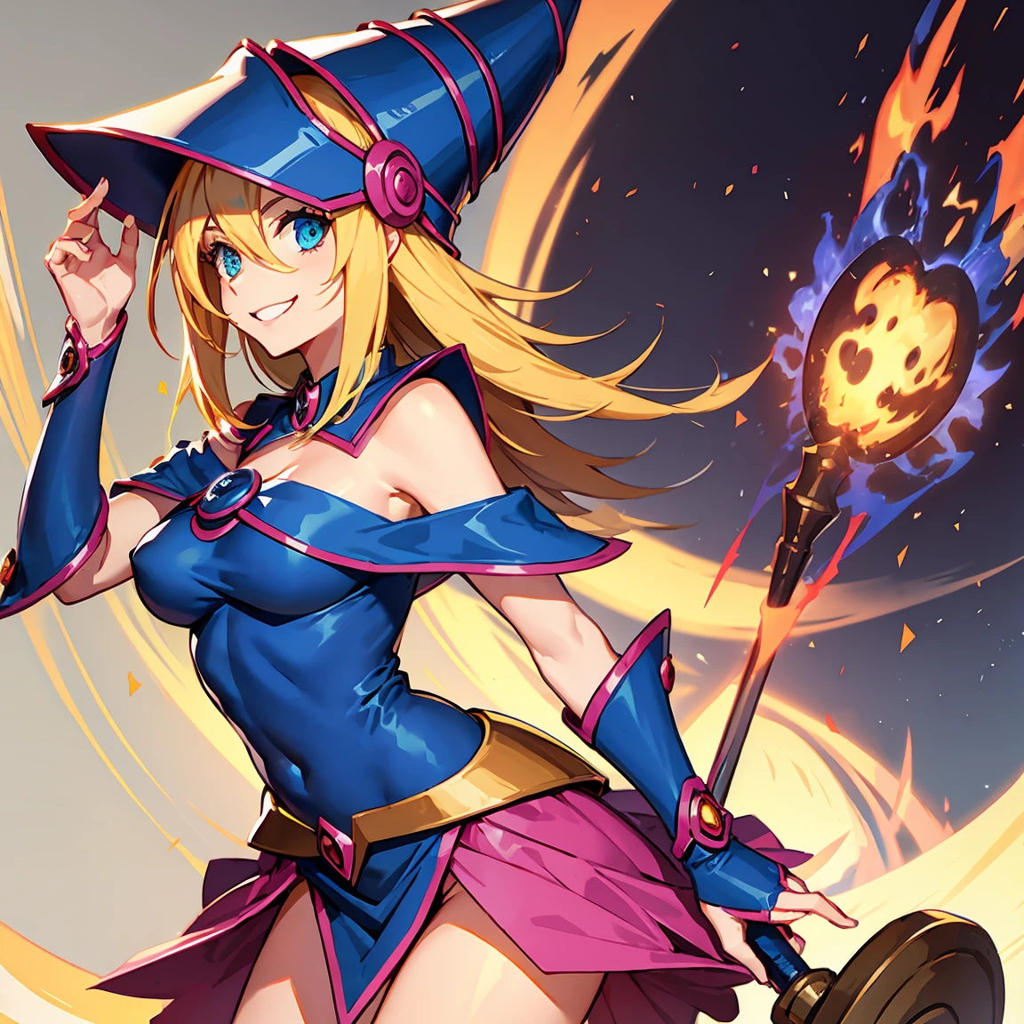 dark magician girl, duel monster, blush stickers, blonde hair, green eyes, long hair, breasts, blush, bangs, large breasts, hair between eyes, pentacle, pentagram, hat, dress, cleavage, bare shoulders, collarbone, choker, blue headwear, wizard hat, bracer, detached sleeves;highest quality,((highest quality)),((Tabletop)),((Perfect Face)),detailed5Two fingered hand,1 girl,(Background Blur), ((Holographic)),1 girl,milky way, (stripes of light), Impressive visuals, (Dynamic Streaks, Path of Light:1.2), Bright colors,whole body,Dynamic pose,