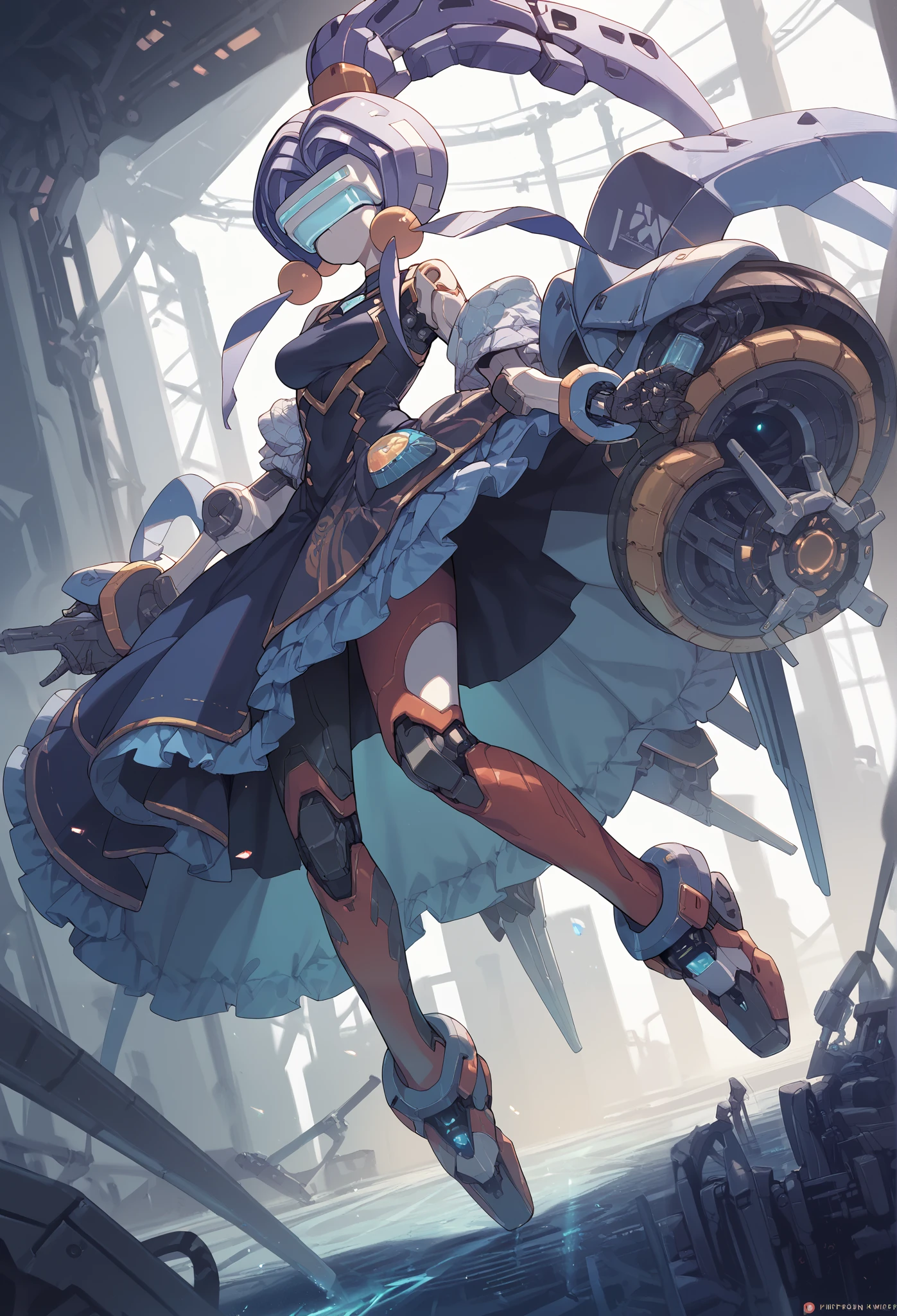 masterpiece, HD , Top Quality ,8K
(Ponytail,Mechanical Girl,Mechanical body,Blue long skirt, mechanical goggles ,purple body color,No mouth )