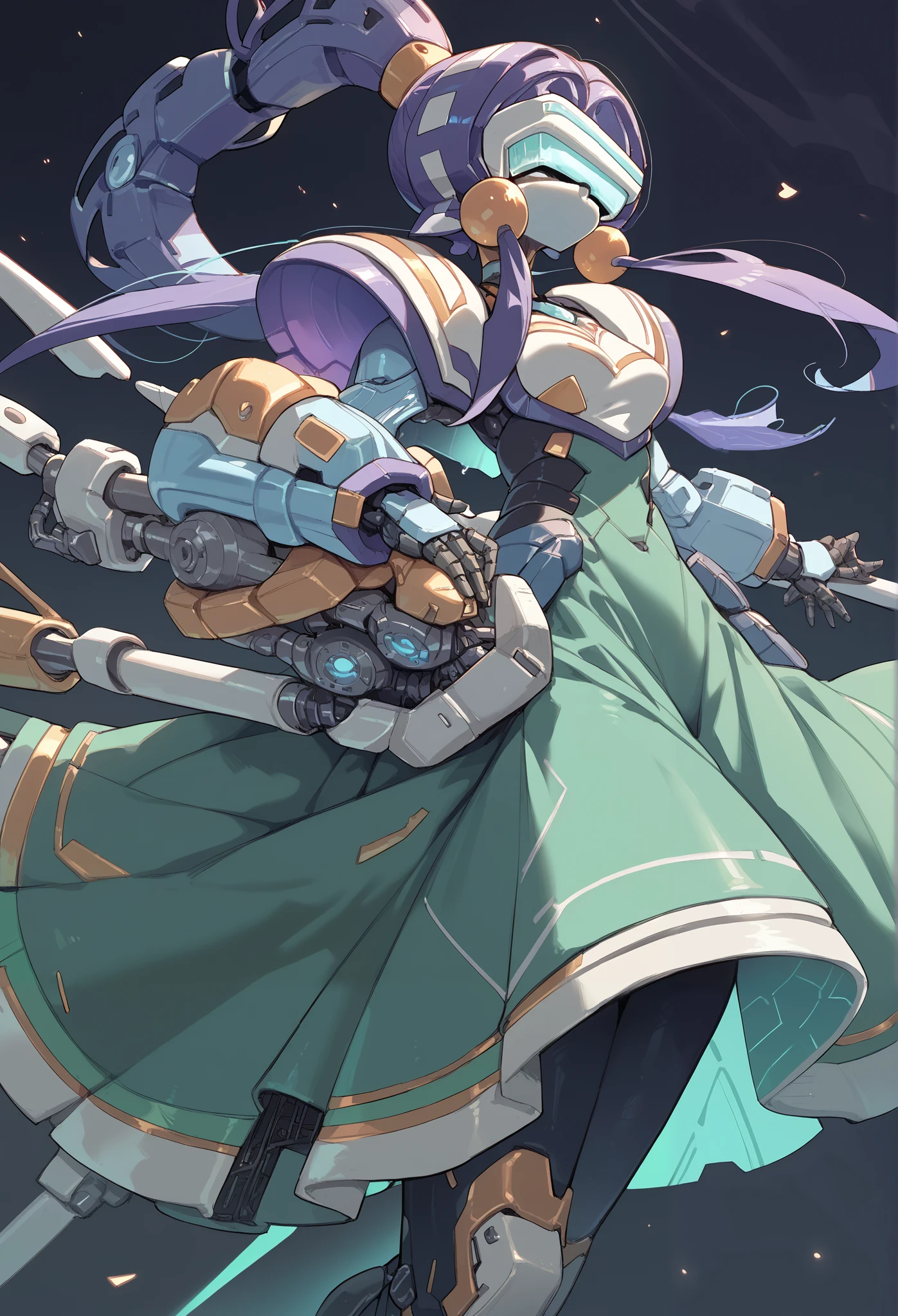 masterpiece, HD , Top Quality ,8K
(Ponytail,Mechanical Girl,Mechanical body,Green long skirt, mechanical goggles ,purple body color,No mouth )