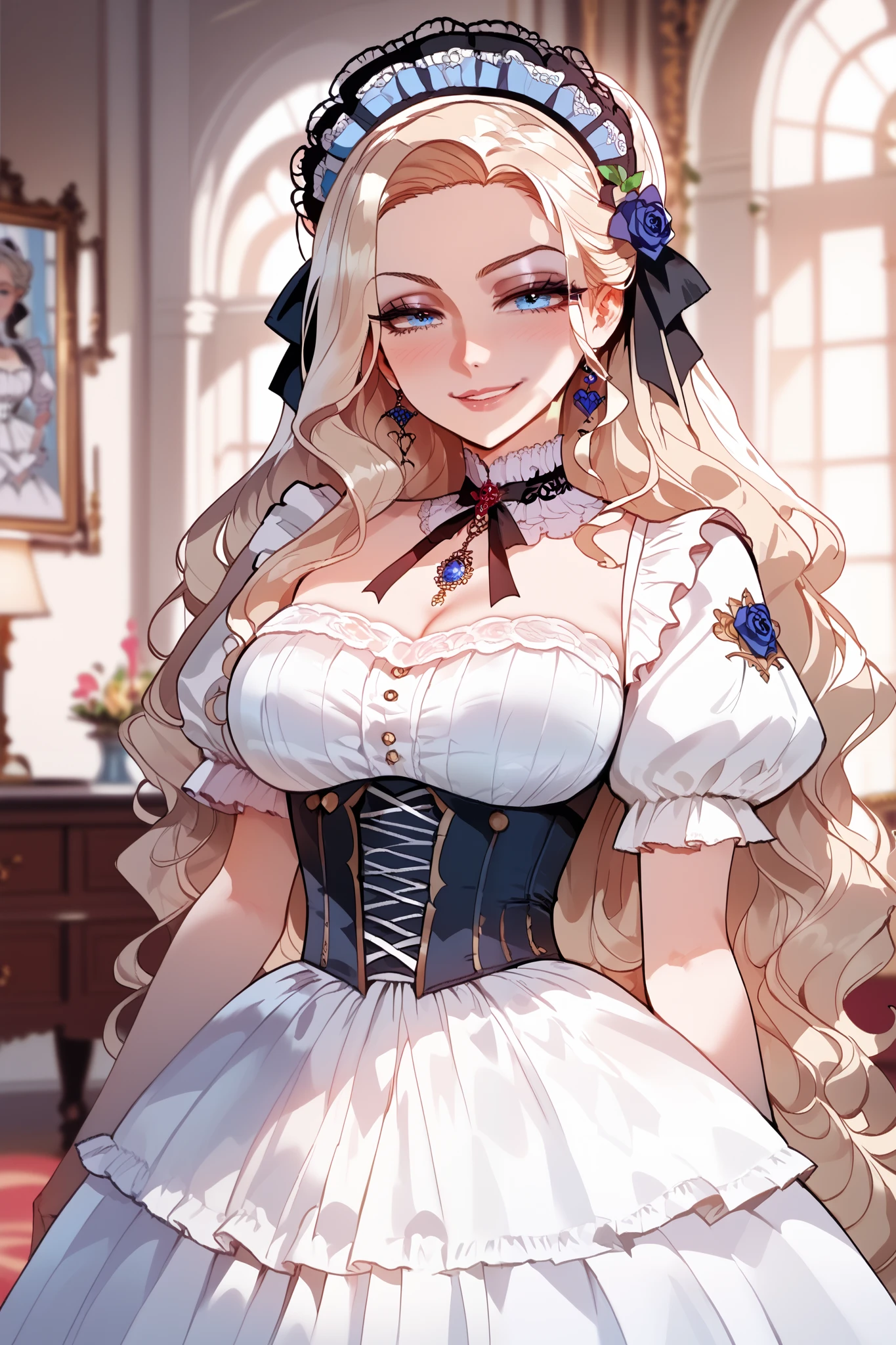 A Victorian Lady dressed in a Victorian dress she has bright light blue eyes, black wavy long hair, and a curvy body and a cute face, evil smile,
High Resolution, Masterpiece, Anatomically Correct, Best Quality, Accurate, 