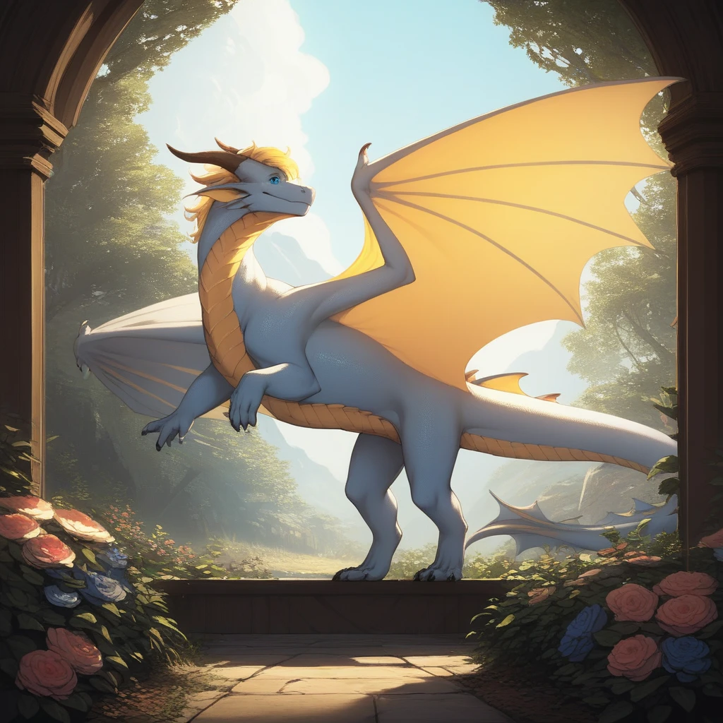 western dragon, score_9, score_8_up, score_7_up, score_6_up, score_5_up, score_4_up, source_furry, rating_safe, male, feral, western dragon, wings, detailed background, fantasy, full body, quadruped,  spread wings, blonde hair, blue eyes, white body, in a florist,