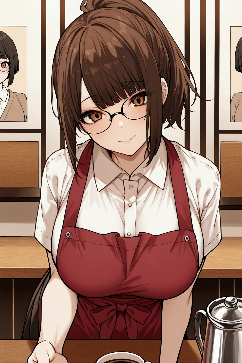 from the left side, close up, leaning over the table, looking at the viewer, tender head tilt, offering coffee, small jug in her hand, beautiful smile, tender, charming look, details in the eyes, eyelids, glasses, big breasts, white shirt, red apron, ponytail cut,,,Solo, girl, coffee waitress, red apron, big chest, ponytail cut, glasses, ID, metal jug with coffee, smile, school skirt, cafe background, posters with menu , seats, counter,smile,leaning looking at the viewer , kind look, brown eyes, bounce chest,perfect scene , Masterpiece, score 9, anime colors, AMERICAN SHOT, beautiful, composition, HARMONY, high quality ,beautiful