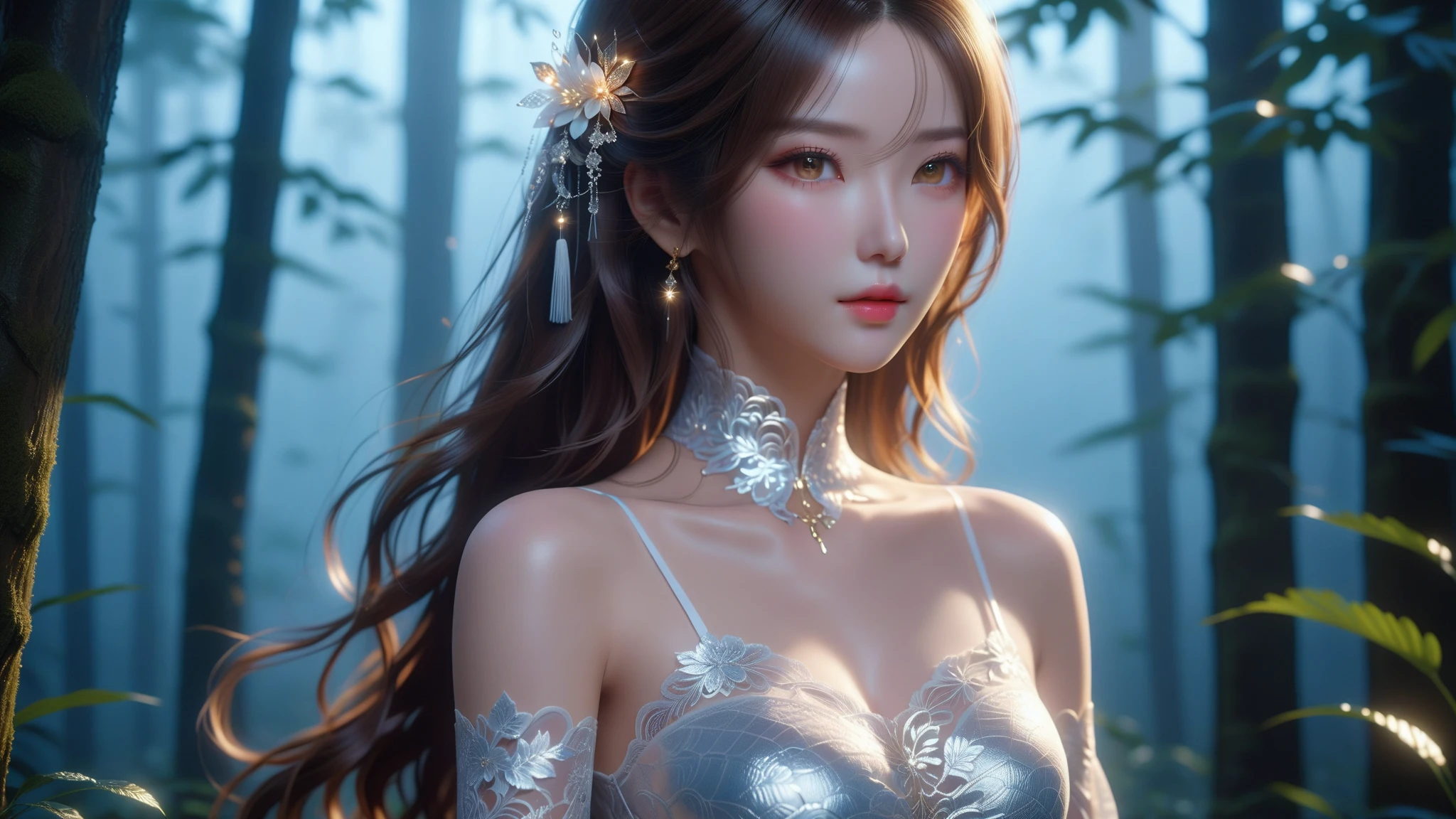 NSFW, zhongfenghua, 1girll, 独奏, Hanfu, Ancient_Chinese_architecture, flower field, blossoms, (White smoke:1.3) (realisticlying:1.4), Zen entanglement, datura, Tangled, offcial art, Unity 8k壁纸, ultra - detailed, Beautiful and beautiful, tmasterpiece,best qualtiy, (dynamic angle:1.4), Glowing skin, (Floating colorful flashes:1)The most beautiful forms of chaos,ellegance,Fauvistdesign,vivd colour,Romantic depth of field exotic_Dance, Half_Naked, Naked,Lace mesh stockings,Lace suspenders
