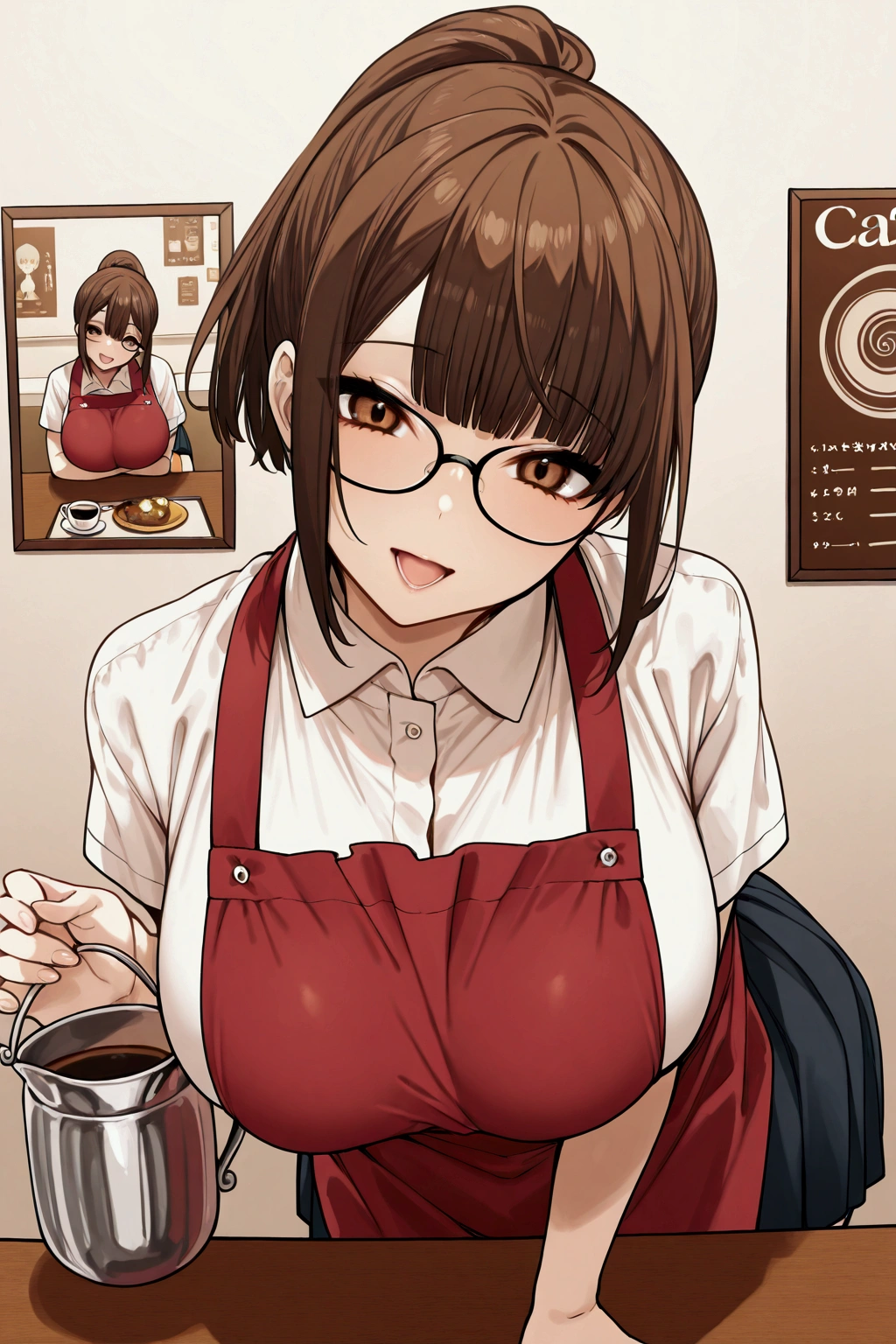 from the left side, close up, leaning over the table, looking at the viewer, tender head tilt, fellation sing, Open mouth, small jug in her hand, beautiful smile, tender, charming look, details in the eyes, eyelids, glasses, big breasts, white shirt, red apron, ponytail cut,,,Solo, girl, coffee waitress, red apron, big chest, ponytail cut, glasses, ID, metal jug with coffee, smile, school skirt, cafe background, posters with menu , seats, counter,smile,leaning looking at the viewer , kind look, brown eyes, bounce chest,perfect scene , Masterpiece, score 9, anime colors, AMERICAN SHOT, beautiful, composition, HARMONY, high quality ,beautiful