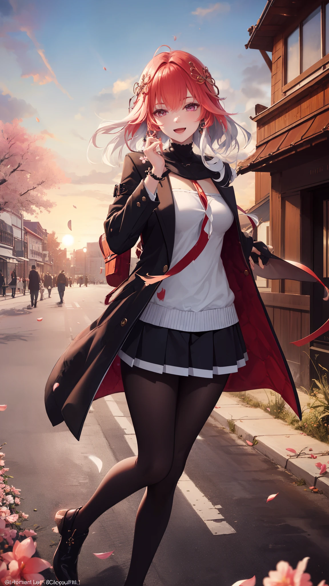(masterpiece, One quality , Best Quality , Official Art , beautiful and beautiful :1.2),(8k, Best Quality , masterpiece:1.2), (((masterpiece))),((( Best Quality ))),((( extremely detailed))),illustration,who, (masterpiece, One quality , Best Quality , Official Art , beautiful and beautiful :1.2),(8k, Best Quality , masterpiece:1.2), 1girl, one, girl, Collapse: Star Trails, Huangquan, purple hair , long hair, shorts, one eye is hidden behind the hair, Monocular Mask , purple eyes, white shirt , sweater, Pleated Skirt, pantyhose, light Smile, Double V, looking at the audience , Smile, open mouth, outdoor, street, Cherry blossoms, petal, Depth of Field
