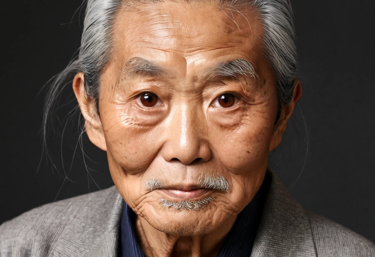 Yoboyobo's grandfather　Wrinkled face　Japanese look , Gray Hair,  with a cut that looks like an old man,  caramel eyes 　100 years old