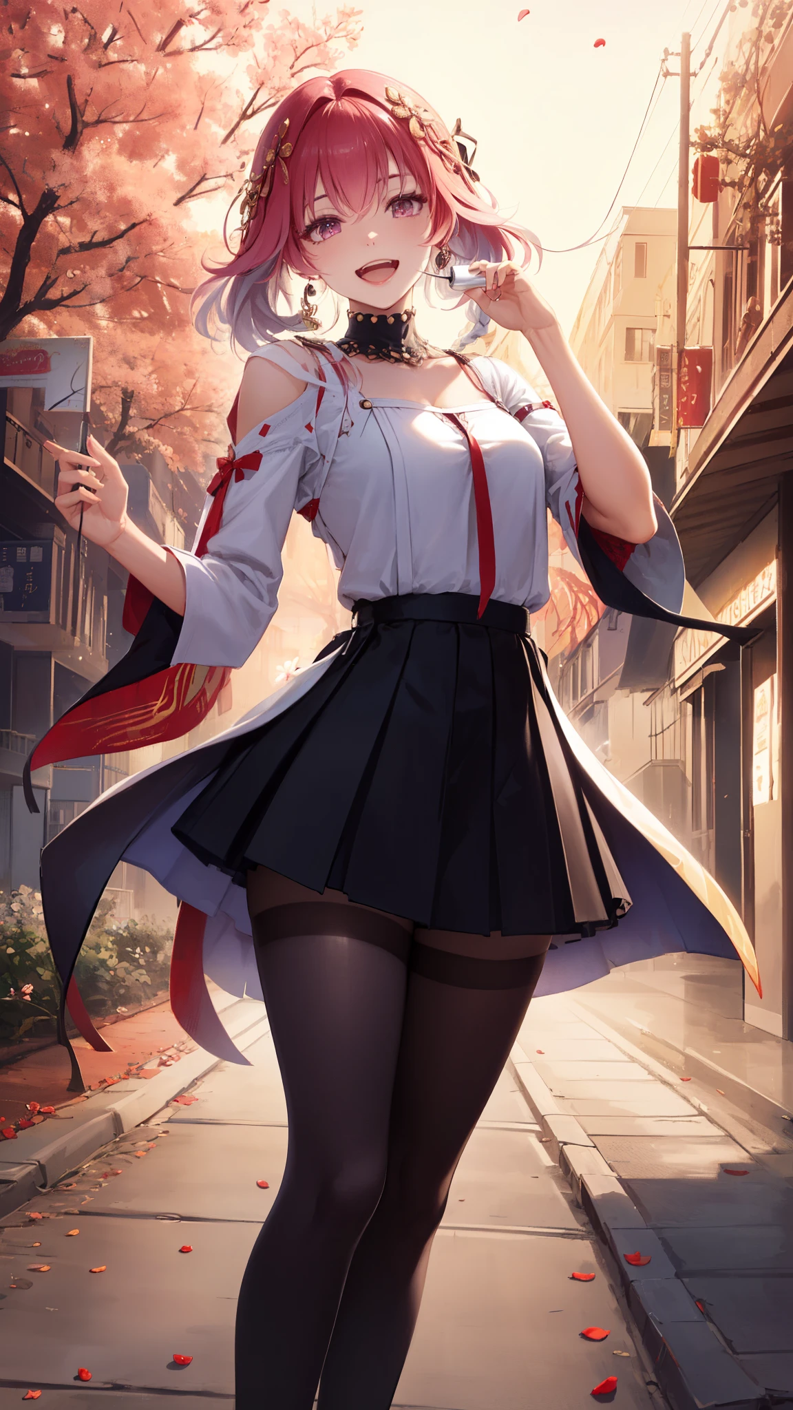 (masterpiece, One quality , Best Quality , Official Art , beautiful and beautiful :1.2),(8k, Best Quality , masterpiece:1.2), (((masterpiece))),((( Best Quality ))),((( extremely detailed))),illustration,who, (masterpiece, One quality , Best Quality , Official Art , beautiful and beautiful :1.2),(8k, Best Quality , masterpiece:1.2), 1girl, one, girl, Collapse: Star Trails, Huangquan, purple hair , long hair, shorts, one eye is hidden behind the hair, Monocular Mask , purple eyes, white shirt , sweater, Pleated Skirt, pantyhose, light Smile, Double V, looking at the audience , Smile, open mouth, outdoor, street, Cherry blossoms, petal, Depth of Field