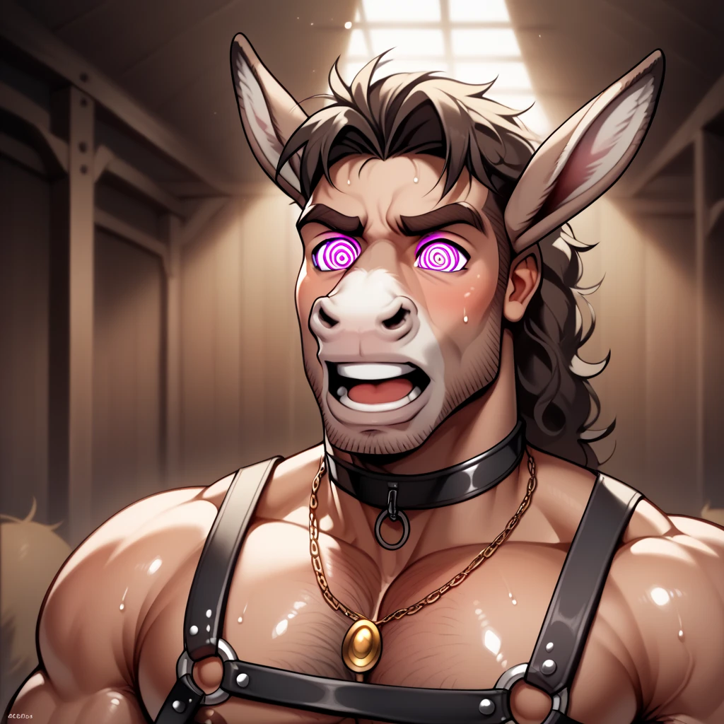 best quality, masterpiece, extremely detailed, muscular bodybuilder man turning into a donkey, rugged ridged mane, sweaty, glistening skin, growing fur, wearing a crystal necklace, bara, wearing a harness, in a stable with other donkeys and horses, dumb hypnotized stare, equine eyes, flat pupils, open mouth, flat teeth, ambient lighting, extremely dramatic shadows, perfection, no watermark, no logo, no signature, donkey anatomy, hyper muscle, IQ drain, dumber, hypnosis, brainwashed, Brainwashing others to be donkeys, assimilation, mindless conformity, hypnotized by swaying carrot, "Must stare ... must listen ... repeat.... Obey.... Bigger ... dumber ... must conform ... must obey.... I am ... a donk-HEEHAWW!.... I ... am a hypnotized beast of burden. I do not think.... I obey-HEEE!.... I am a good d-HAWWWW-nk-HEEEEEEEE!.... I will wear my harness.... I will HAWWWWWl cargo for master.... I will conform.... I will assimilate with the herd.... All must ... join the HAWWWW-HEEE-HAWWW-HEEEEE-HAWWWWW!"