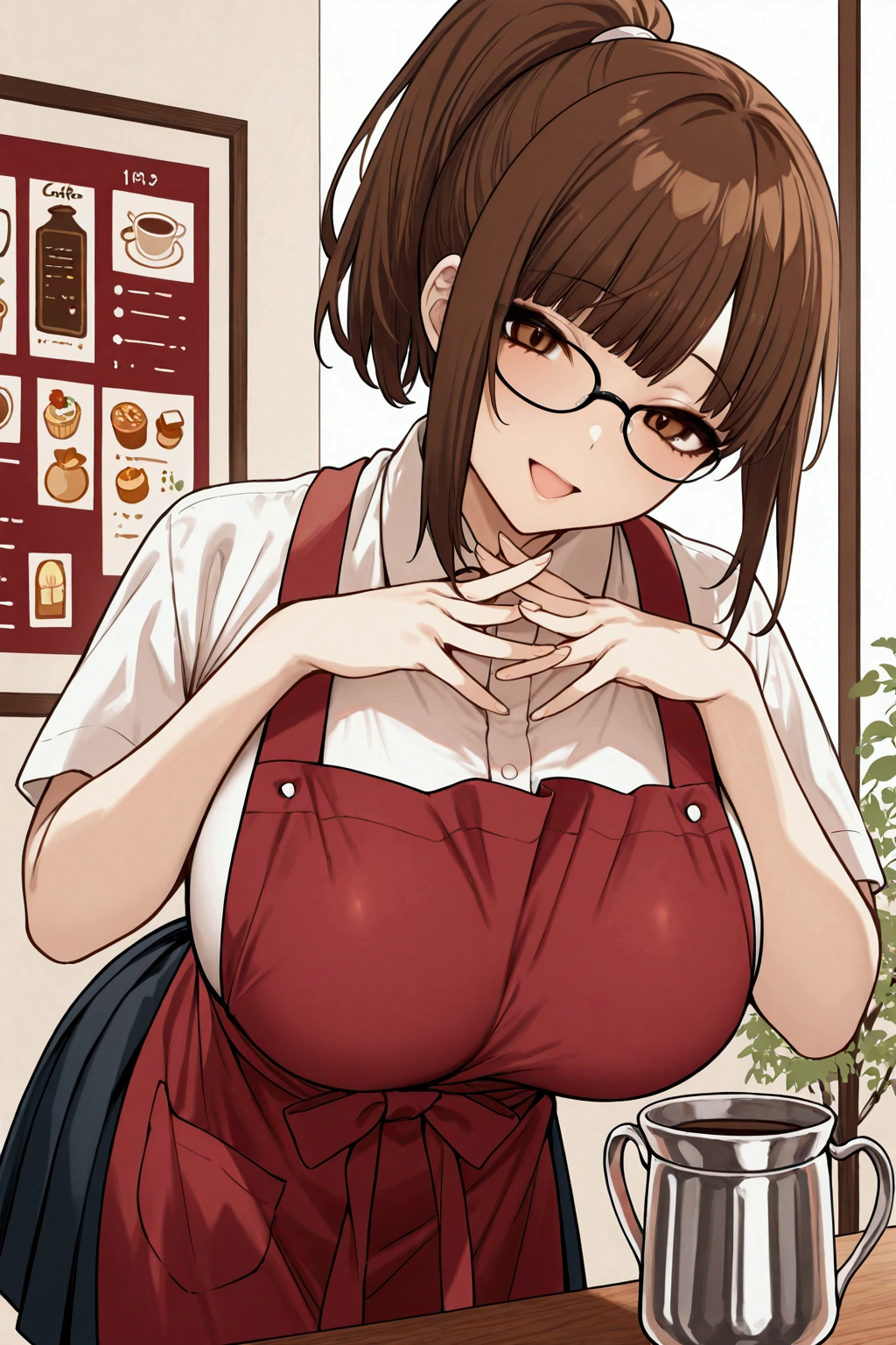 from the left side, close up, leaning over the table, looking at the viewer, tender head tilt, dirty fellation singwith hands, Open mouth, small jug in her hand, beautiful smile, tender, charming look, details in the eyes, eyelids, glasses, big breasts, white shirt, red apron, ponytail cut,,Solo, girl, coffee waitress, red apron, big chest, ponytail cut, glasses, ID, metal jug with coffee, smile, school skirt, cafe background, posters with menu , seats, counter,smile,leaning looking at the viewer , kind look, brown eyes, bounce chest,perfect scene , Masterpiece, score 9, anime colors, AMERICAN SHOT, beautiful, composition, HARMONY, high quality ,beautiful