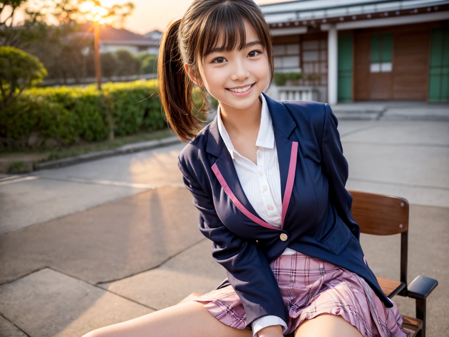 (1 young girl), brown hair, (very detailed美しい顔), wonderful face and eyes, (highest quality:1.4), (super detailed), (very detailed CG 統合 8k 壁紙), very detailed, High resolution raw color photos, professional photography, realistic portrait, wonderful face and eyes, pink eyes, (high school uniform, pleated mini skirt:1.3), ((胸が開いたhigh school uniform)), model, smile shyly, sitting, (open your legs), (((Bokeh))), Depth of bounds written, Depth of bounds written, ((grassland, flower garden)), (surrounded by many flowers, flowers:1.5), twilight, sunset, (view from below:1.3),smile full of happiness、excited look、yawning、gasp、looks happy