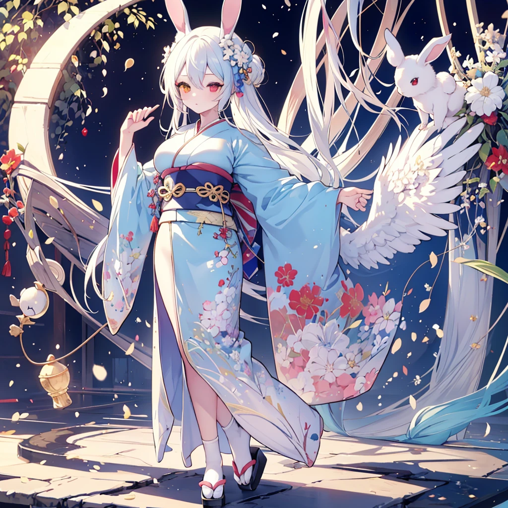 Hand Repair,Foot repair,masterpiece,8k,(((( 1 girl)))), beautiful girl,City Background,((((full body shot,very wide shot,Rabbit Ears,I'm hiding my ears with my hair)))),(((Perfect white hair, long hair))), ((((( rainbow heterochromia, Golden Eye Right Eye,Red Eye Left Eye , kimono,she wearing a blue color furisode,Big Breasts))))), facing forward 