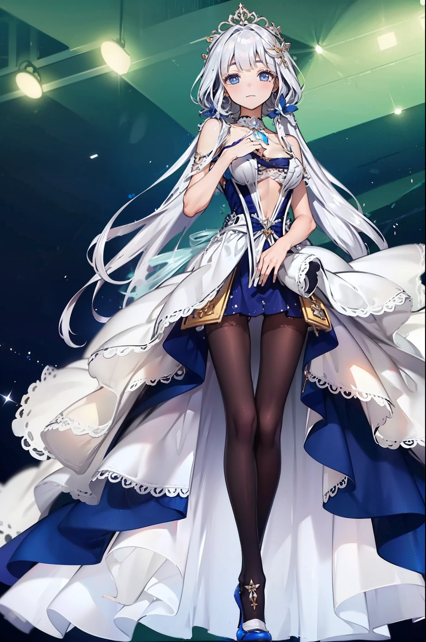 (best quality,4K,8K,high resolution,masterpiece:1.2),Extremely detailed,milf,,magic,enchanting,joy,Divine goddess,magical effect,Silver hair,Blue eyes,Transparent dress,Exquisite decoration,Features of the magical costumes of the heavens，A small amount of sky blue cloth,Exquisite clothing,Layered Skirt,detailed lace,Delicate ruffles,bedroom,Alone,at night,Lace pantyhose,Sacred stripes,Transparent clothing,Jewelry embellishments