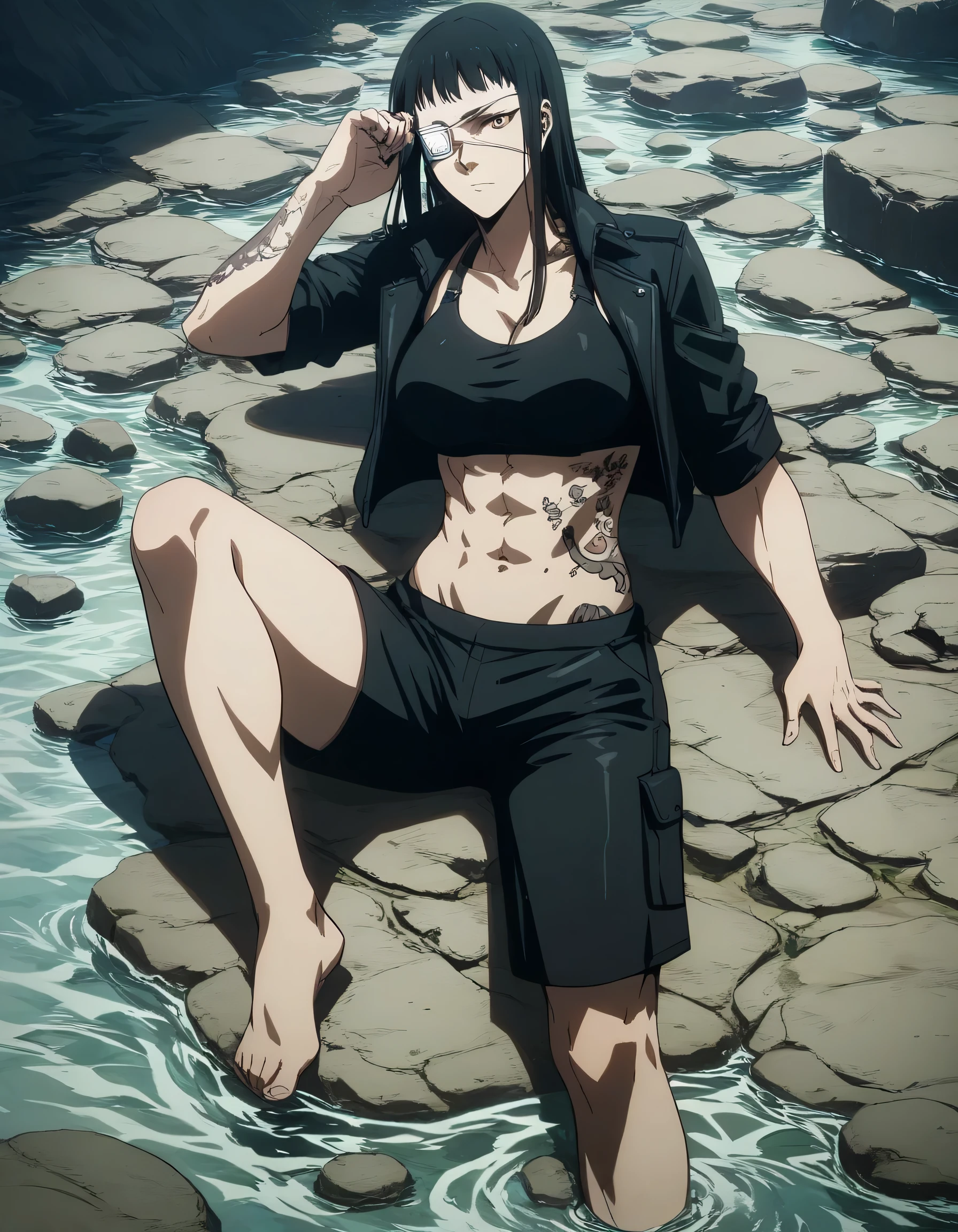 score_9, score_8_up, score_7_up,score_6_up,high resolution,source_anime,s0fiavalm3t,1girl,eyepatch,black hair,long hair,,water,rocks,,dramatic shadow,full body, tattoos on shoulder,wearing sport bra,black Elastic fibers combat trousers ,Barefoot,training hard,,sporting attraction,long  sleeveless black leather jacket 