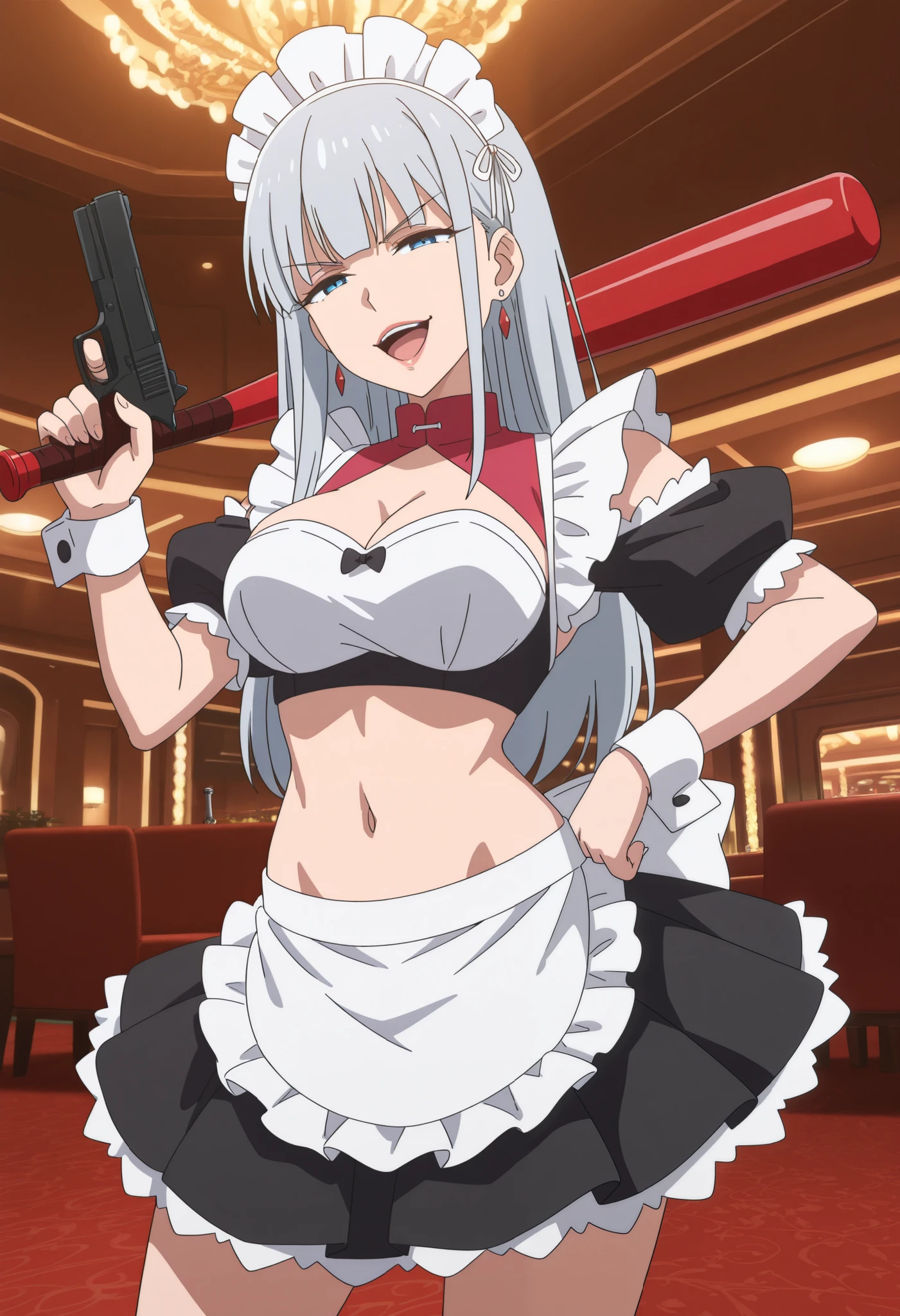 1girl, solo, manamiAMW, grey hair, long hair, blue eyes, makeup, lips, narrowed eyes, white hair ornament, , holding baseball bat, jewelry, earrings, complex detailed background, casino environment, fancy interior environment, rich interior, masterpiece, best quality, highly detailed, a anime girl in maid uniforms, holding pistol, maid
outfit, cleavage, evil smile, smile, open mouth ,ecchi anime style, anime girls, ecchi style, ecchi, digital
anime art!!, in anime style, official artwork, (nsfw) not safe for work, beautiful anime maid girl, anime
style 4 k, micro skirt, exposed belly, exposed navel, exposed midriff, exposed lower belly, holding a gun,