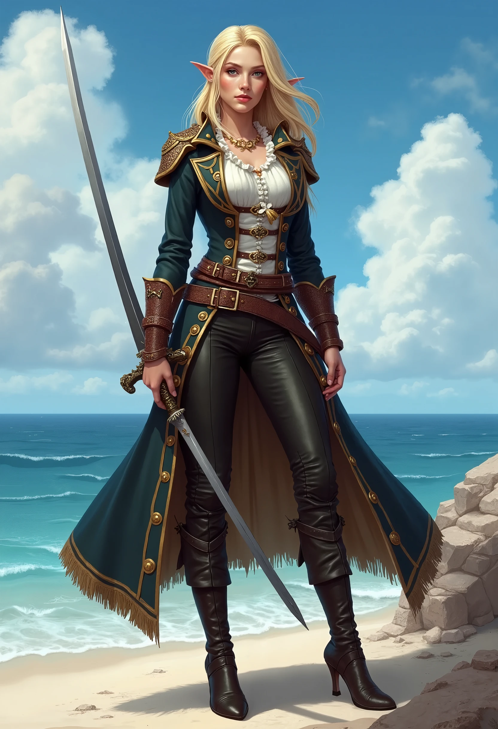 (best quality,4k,8k,high,masterpiece:1.2),ultra-detailed,(realistic,photorealistic,photorealistic:1.37),portrait,blue-haired pirate woman in leather armor,holding a medieval pistol and sword , role-playing style, illustration, prominent detailed eyes, long flowing blue hair, fierce expression, detailed lips, tall pirate hat, intricate leather armor, detailed metallic buckles and clasps, worn patches on armor, sturdy leather boots, ancient pirate pistol with engraved details, Sword decorated with runes, magical aura around the weapons, dramatic lighting casting shadows on the face, Epic background with a stormy sky and rippling waves, raindrops falling on the armor and hair, intense and vibrant colors, pose dynamic action, determined look in their eyes.
