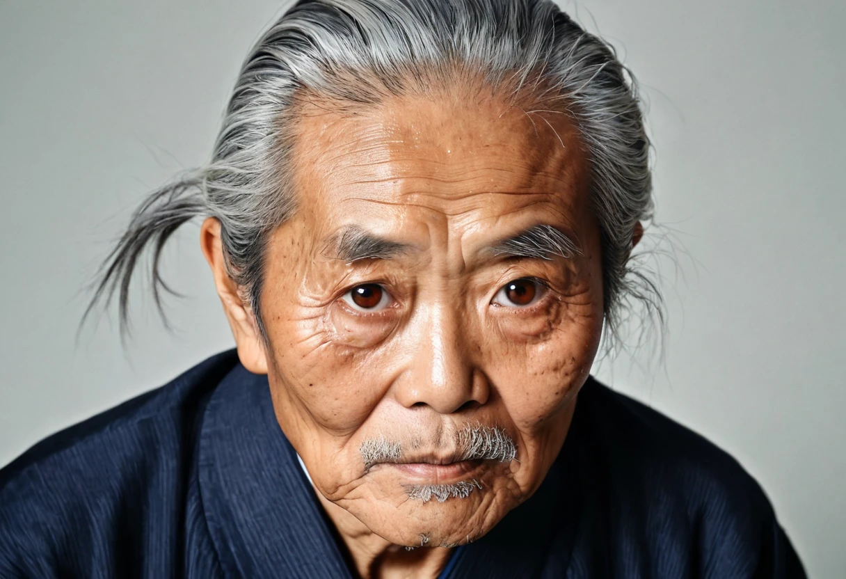 Yoboyobo's grandfather　Wrinkled face　Japanese look , Gray Hair,  with a cut that looks like an old man,  caramel eyes 　100 years old
