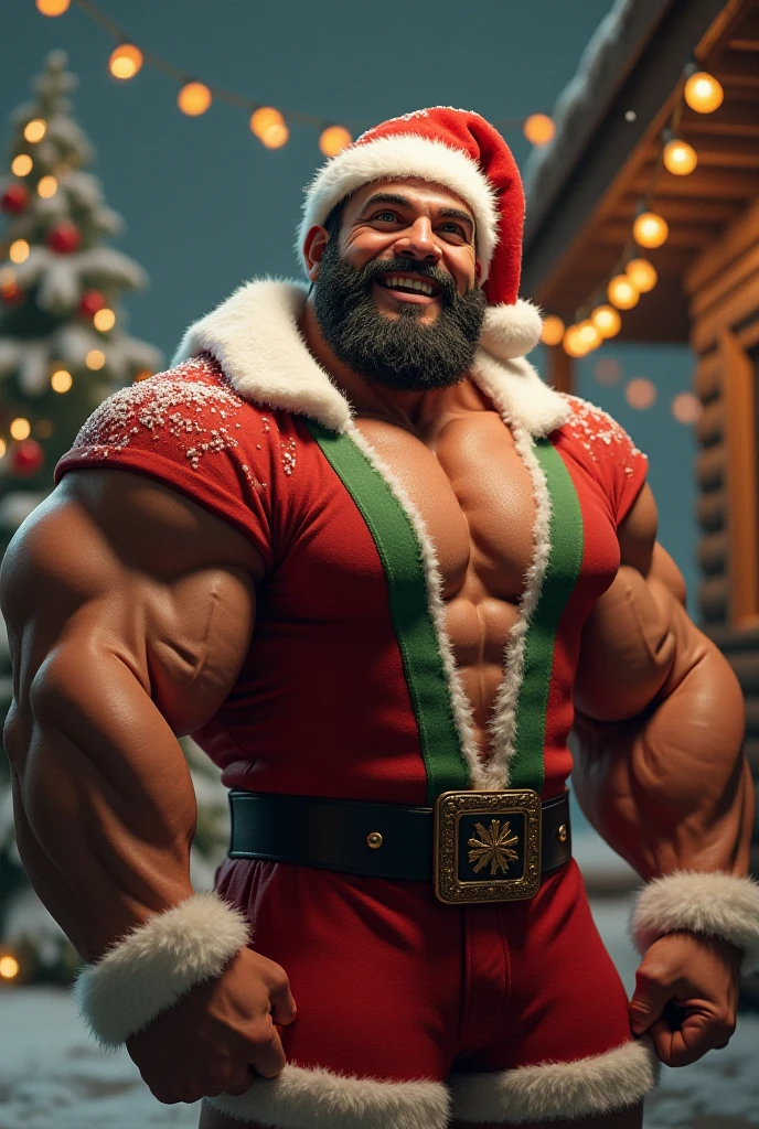 Santa is big, has big muscles, clearly defined muscles, has a beard, and has a muscular body shaped like a bear. holding a big gift bag There are many gift boxes. Standing with reindeer and Shiba dogs In the midst of the celebration, the picture is clear and the light is bright.