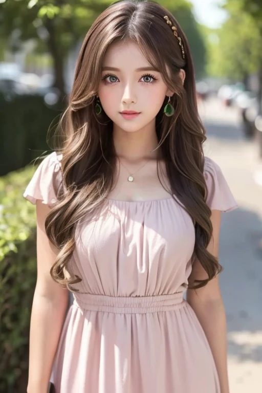 Wavy long hair, Brown Hair, One girl , Emerald Eyes , pink lips, Pastel Green Dress, 