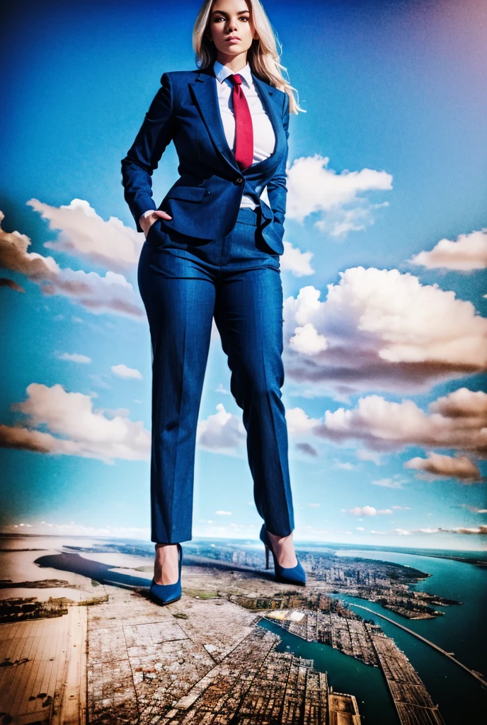 Hight altitude view of an approaching young giga giantess, Giantess art, 500 miles tall giga giantess, young sophisticated and stylish woman in a navy blue italian pinstriped trouser 3-peice suit, form fitting crisp office shirt, and a large wide light blue necktie in a windsor knot, with a beautiful, curvaceous figure, large natural breasts, and long blonde hair, with a curvaceous figure and massive breasts. wearing blue rounded court high heels with uncovered feet and standing, rampage-like pose, with a city skyscrapers background of mega-city, skyscapers, partially obscured by a hazy, cloudy atmosphere. The image is a high-resolution, masterpiece-quality, cinematic, ultra-detailed, and hyper-photorealistic photograph, with perfect hands, face, and lighting. ultra-detailed, 8K, photo-realistic, hyper-realistic, masterpiece, intricate details, full body view. Looking at camera, The image is a high-resolution, masterpiece-quality, cinematic, ultra-detailed, and hyper-photorealistic photograph, with perfect hands, face, and lighting. ultra-detailed, 8K, photo-realistic, hyper-realistic, masterpiece, intricate details, from high above