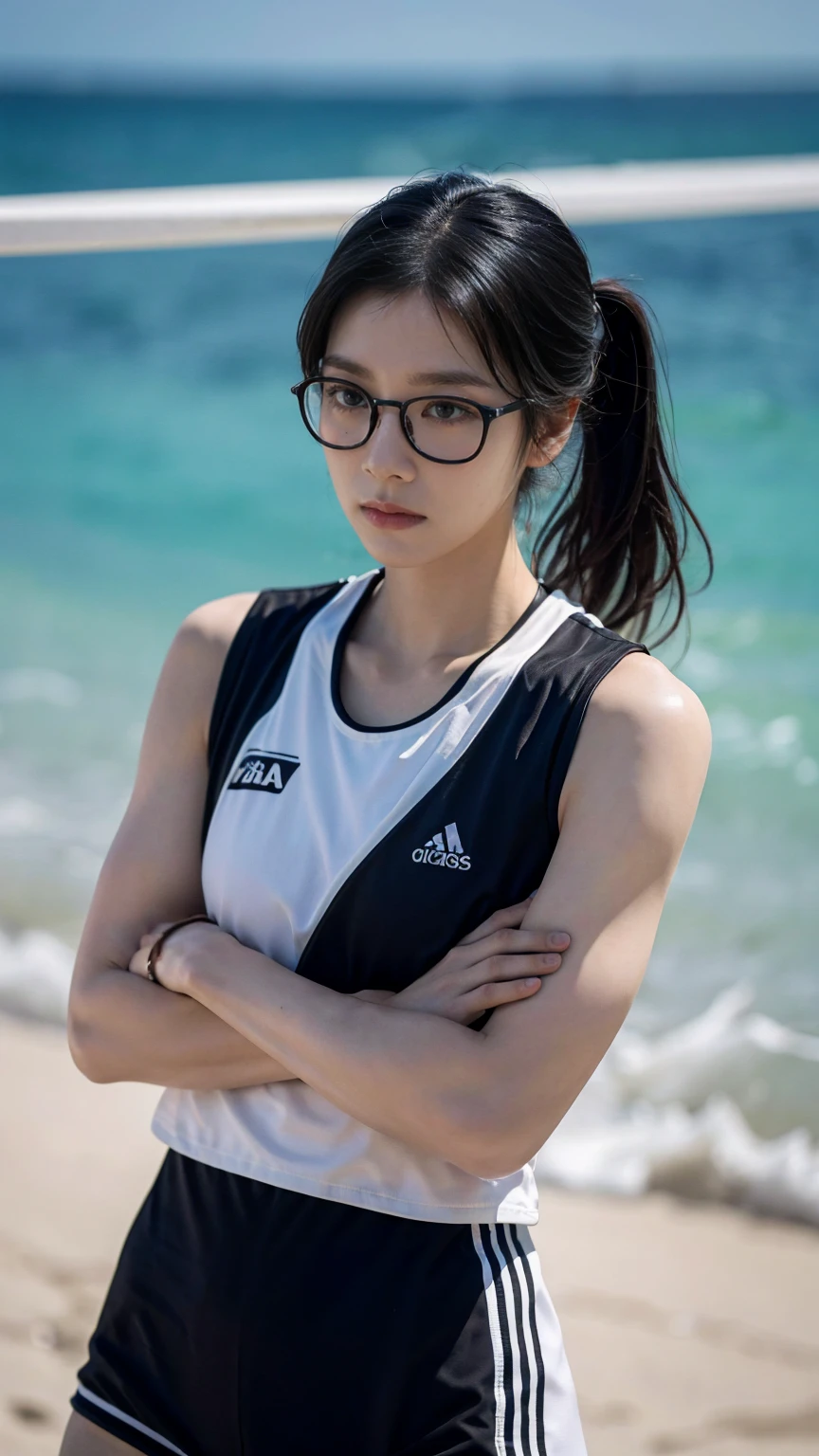  high res、masterpiece、 textured skin 、 high image quality、超 high res、 very detailed、woman、 Look ,  anatomically accurate, Plain, Messy black hair、 Frameless Glasses 、 tired expression 、 Look , Alone,   Beach Volleyball Players  、