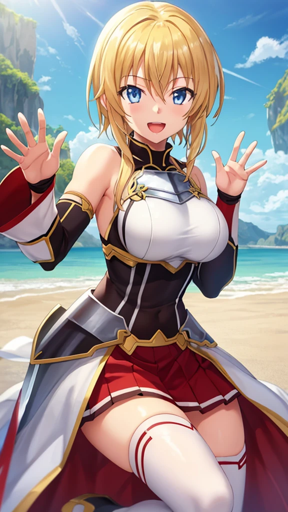 masterpiece, best quality, high quality, girl, solo, looking at viewer, yuuto_kiba, blonde hair, blue eyes, hair between eyes, large breasts, Sword art online cosplay, bare shoulders, armor, breastplate, white sleeves, detached sleeves, red skirt, pleated skirt, white thighhighs, waving, smile, open mouth, outdoors 