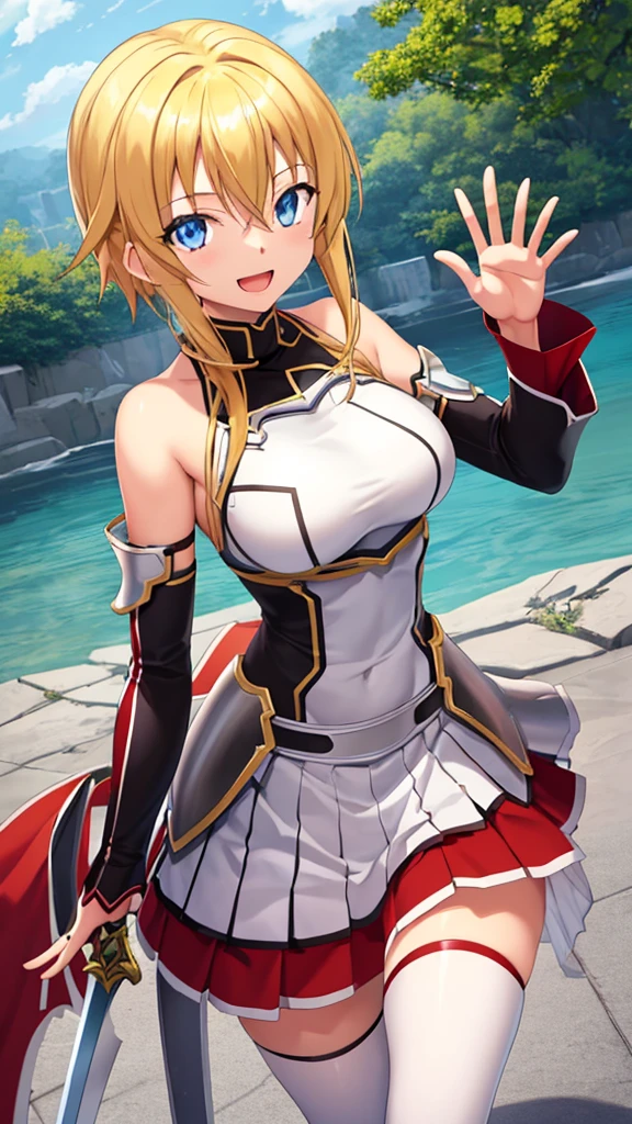 masterpiece, best quality, high quality, girl, solo, looking at viewer, yuuto_kiba, blonde hair, blue eyes, hair between eyes, large breasts, Sword art online cosplay, bare shoulders, armor, breastplate, white sleeves, detached sleeves, red skirt, pleated skirt, white thighhighs, waving, smile, open mouth, outdoors 