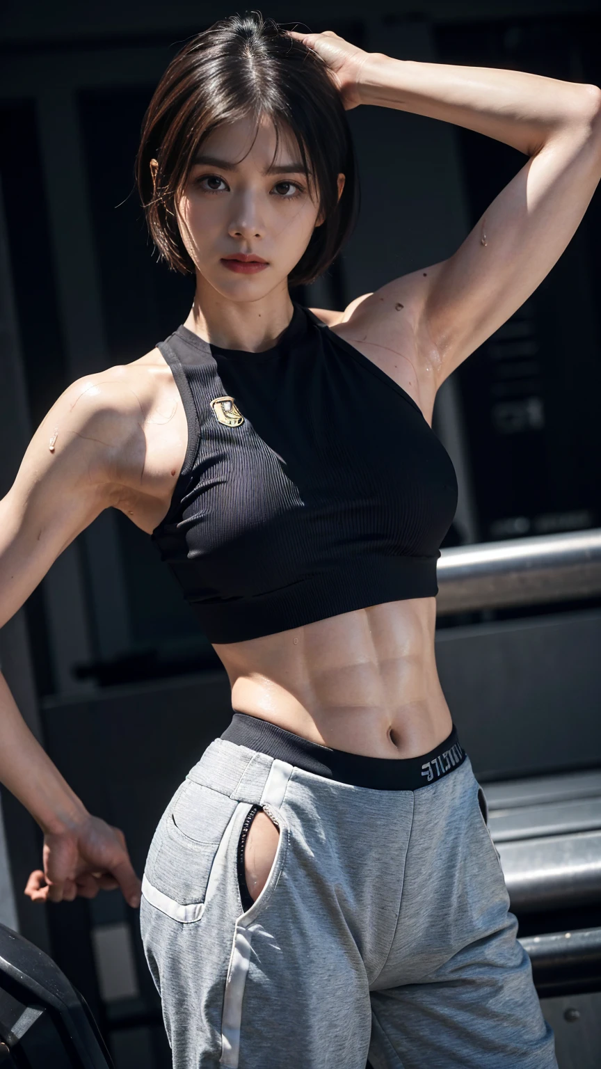 (solo), (a detailed full body RAW photo of a girl), (masterpiece:1.0), (best quality:1.4), (ultra highres:1.2), (photorealistic:1.4), 8k resolution, Canon EOS R5, 30mm, absurdres, ultra detailed, (30year old), sharp focus, cinematic lighting, detailed beautiful face, (no make up:1.2), (ulzzang-6500-v1.1), figure, detailed skin texture, (skinny and fit body:1.6), detailed brown hair, sweltering,(short hair:1.5), very thin see-through wear, (very small and simple and fit nike athletic wear with spandex half tihgts:1.5), low rise, realistic glistening skin, (sweating:1.45), detailed nipples texture, (no bra:1.5), dynamic pose, (bikini tan:1.2), track and field,(erect nipples:1.3), (full body), sports shoes,(smile:1.3),(six pack:1.4),(athlete),