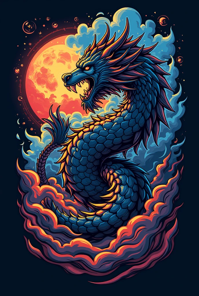 (((black light poster art))), ((Fascinating glowing ancient runes)), (((Looking at the audience))), Designing a fascinating and mysterious expression of ((The body of a Chinese dragon wriggling in a circle)), Aura of strength and abundance, ((Fantastic background with flames and water splashes)), ((moon)), Learn more