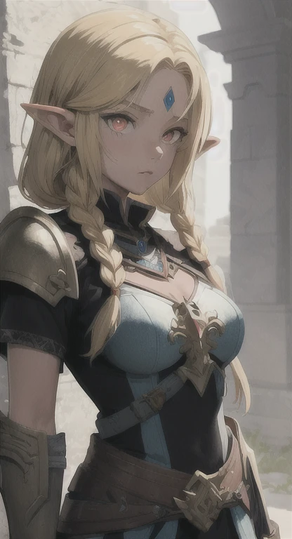 Ancient Hylian, Yggdrasil Knight, blind Hylia, blonde, red eyes, blank red pupils, Devine braids, looking at viewer, long messy hair, ancient Hyrule, ancient armor, Palace,