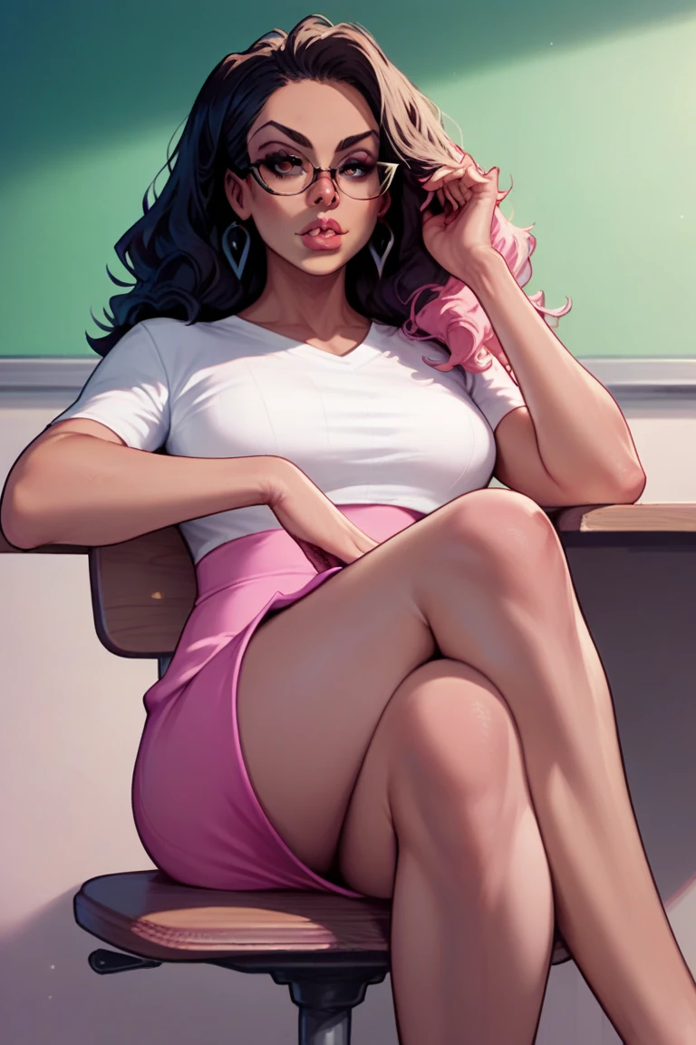 1 woman, sitting,  crossed legs, glasses, white t-shirt, pink skirt,  classroom background , long shot