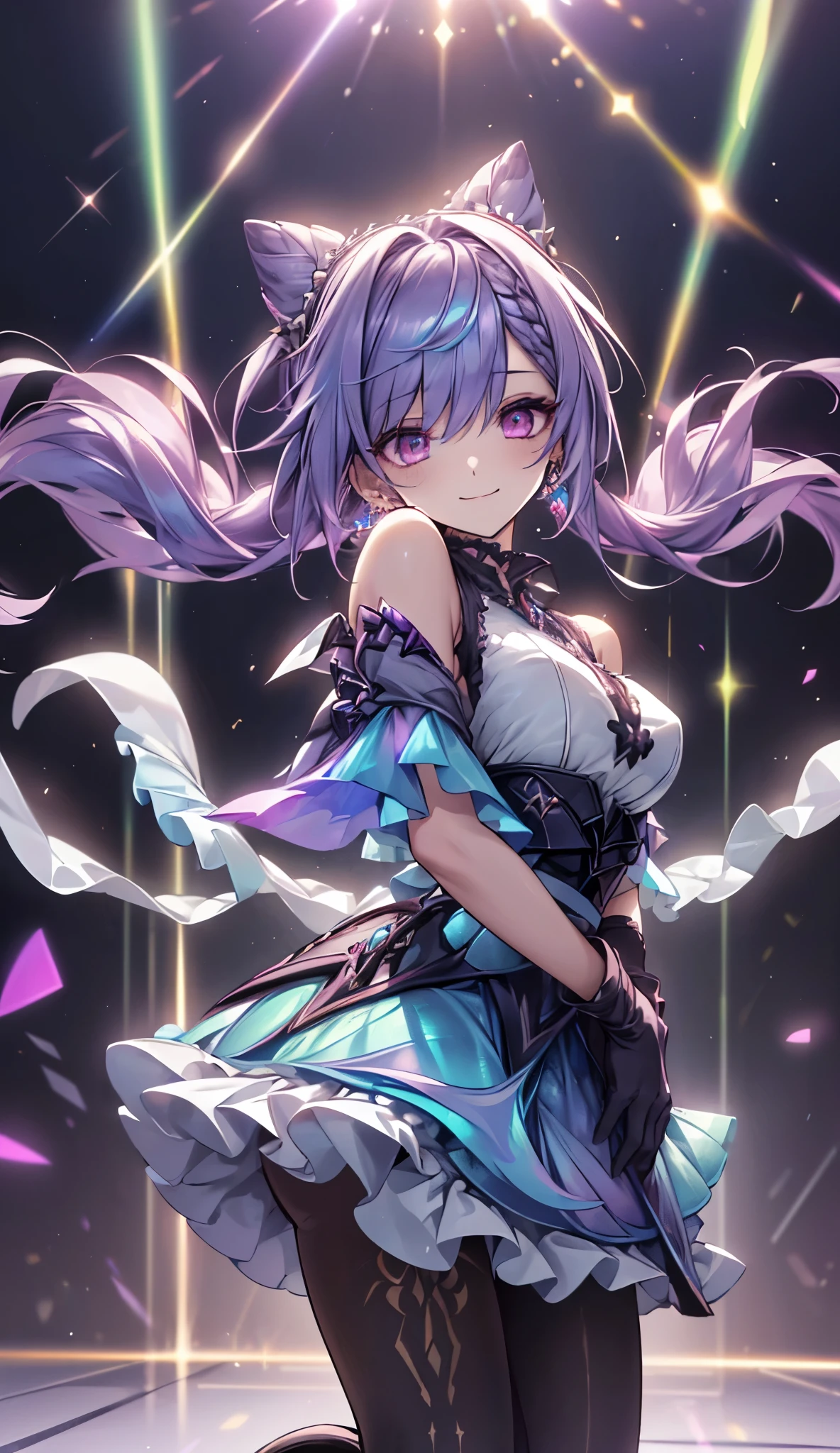 a goddess of light, (Silver blue hair streaked pink purple:1.4), (Gradient sky blue hair ends:1.6), hair strand, absurdly long hair, single sidelock, wavy hair, shiny hair, floating hair, (glowing Illusion deep purple eyes), delicate eyes, aqua eyes, High like real eyes, ((glowing eyes)), makeup, Focus on face, Very detailed facial, hot body, Random environment, Random pose, on the street, looking at the starry night sky, meteor, glowing clothing masterpiece, (((pure White extra long floating skirt and silver white armor))), (((floating several glowing colored cross stars beside))), Colored lights swirl around the body, (((glowing Extra large Illusion multiple complex magic circle stand upright floating on the back of the head))), full body shot, realism, chiaroscuro, (glowing light), sparkle, ray tracing, cinematic lighting, Futurism, motion blur, Ultra-Wide Angle, god rays, atmospheric perspective, best quality, UHD, super detail, masterpiece, highres, ccurate, retina, textured skin, super detail face, perfect face, Super fine facial details, beautiful and delicate eyes, perfect eyes, anatomically correct, correct limbs, correct figner, super detail figner, best hair quality, best clothing quality, best prop quality, best halo detail and quality, best magic circle detail and quality, complex halo detail,