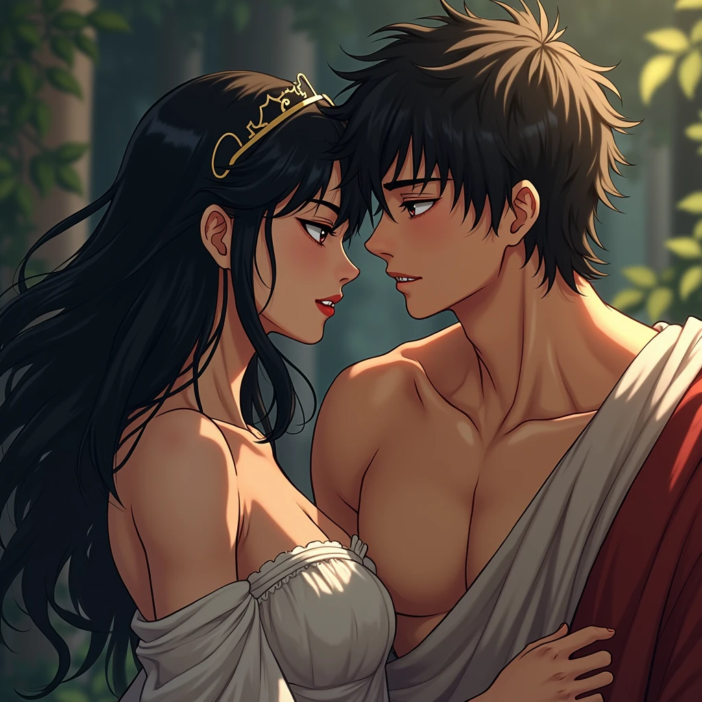 Atit: a captivating masterpiece, portraying a Male and Female couple in an intimate moment. The female figure is delicately depicted, sitting on an ornate throne, wearing a stunning, form-fitting dress that accentuates her curves. Her long, cascading dark hair falls gracefully over her shoulders. The male figure is equally enchanting, lean and muscular, with a confident, gentle expression as he wraps his arms around her waist, pulling her closer. The scene is set in a secluded, exotic garden, with vibrant, lush foliage and colorful flowers all around. The atmosphere is enchanting, with a golden, glowing sun setting in the